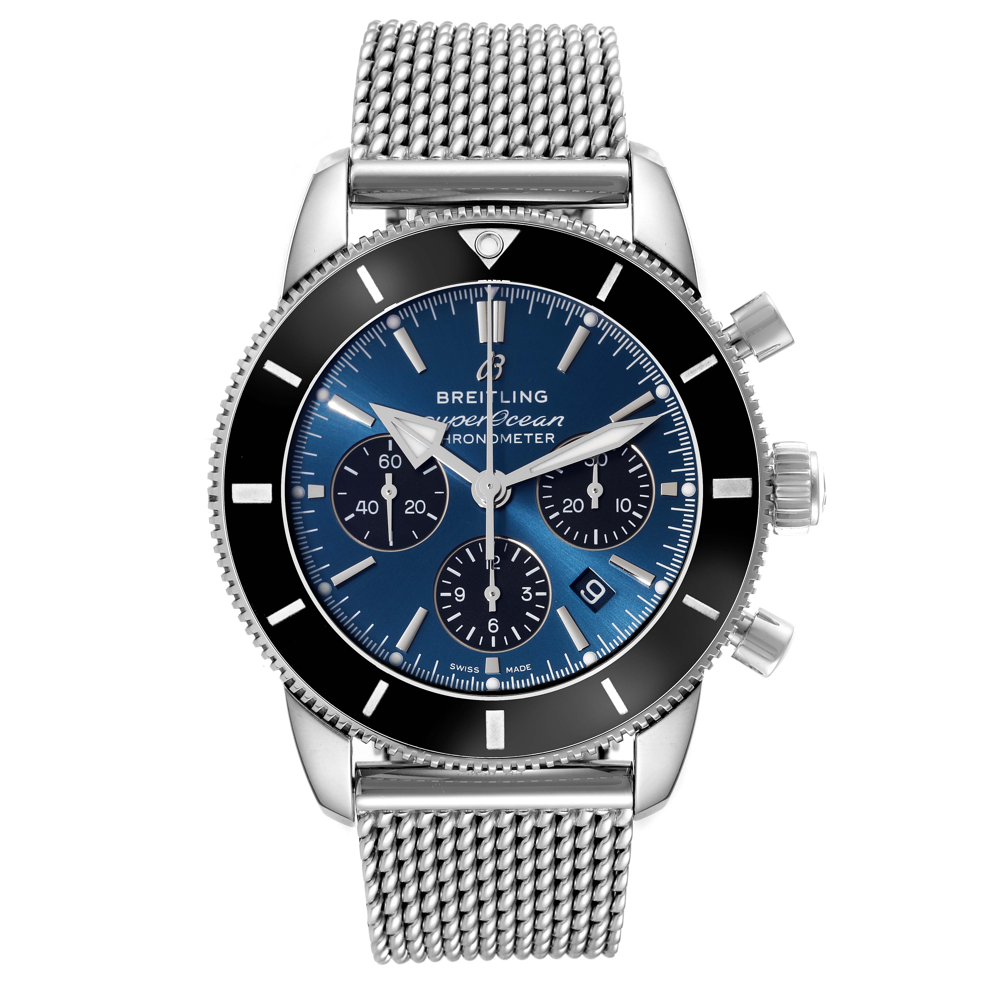 The image shows the Breitling Superocean AB0162 Men's Stainless Steel Blue Dial AB0162 Men's Stainless Steel Blue Dial watch from a frontal angle, displaying its blue dial, chronograph functions, and mesh bracelet.