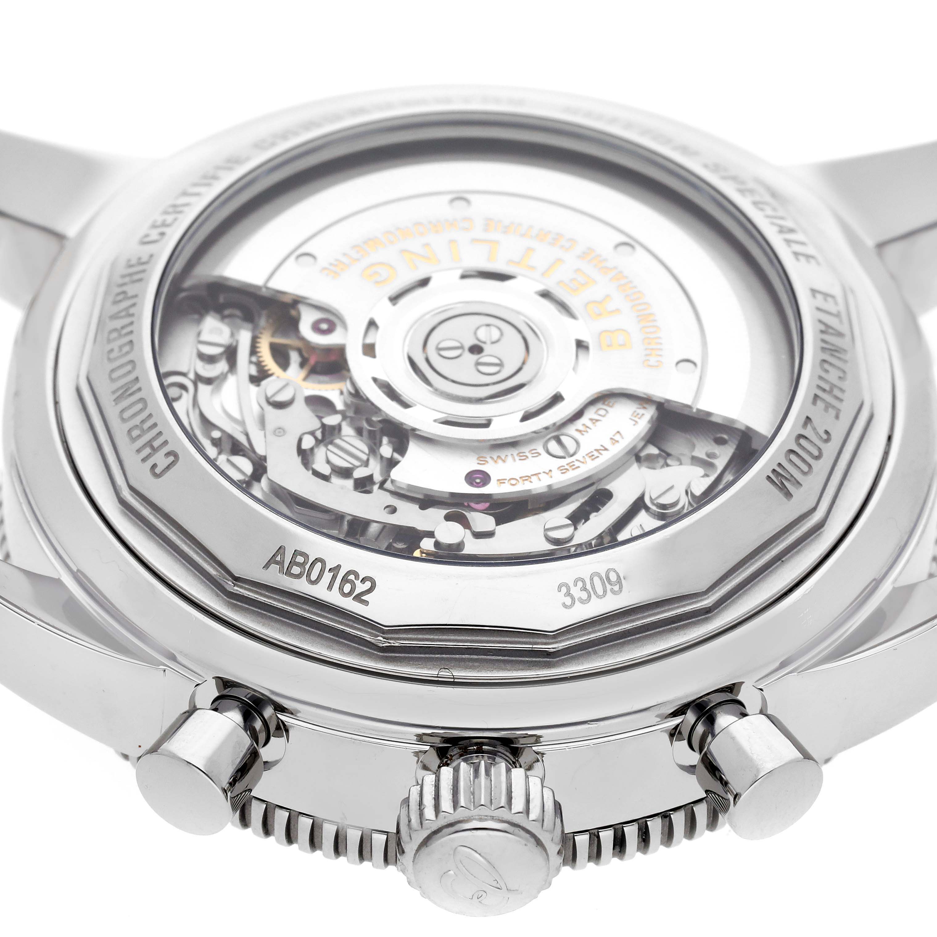 This image shows a close-up view of the back case and movement of a Breitling Superocean AB0162 Men's Stainless Steel Blue Dial AB0162 Men's Stainless Steel Blue Dial watch.