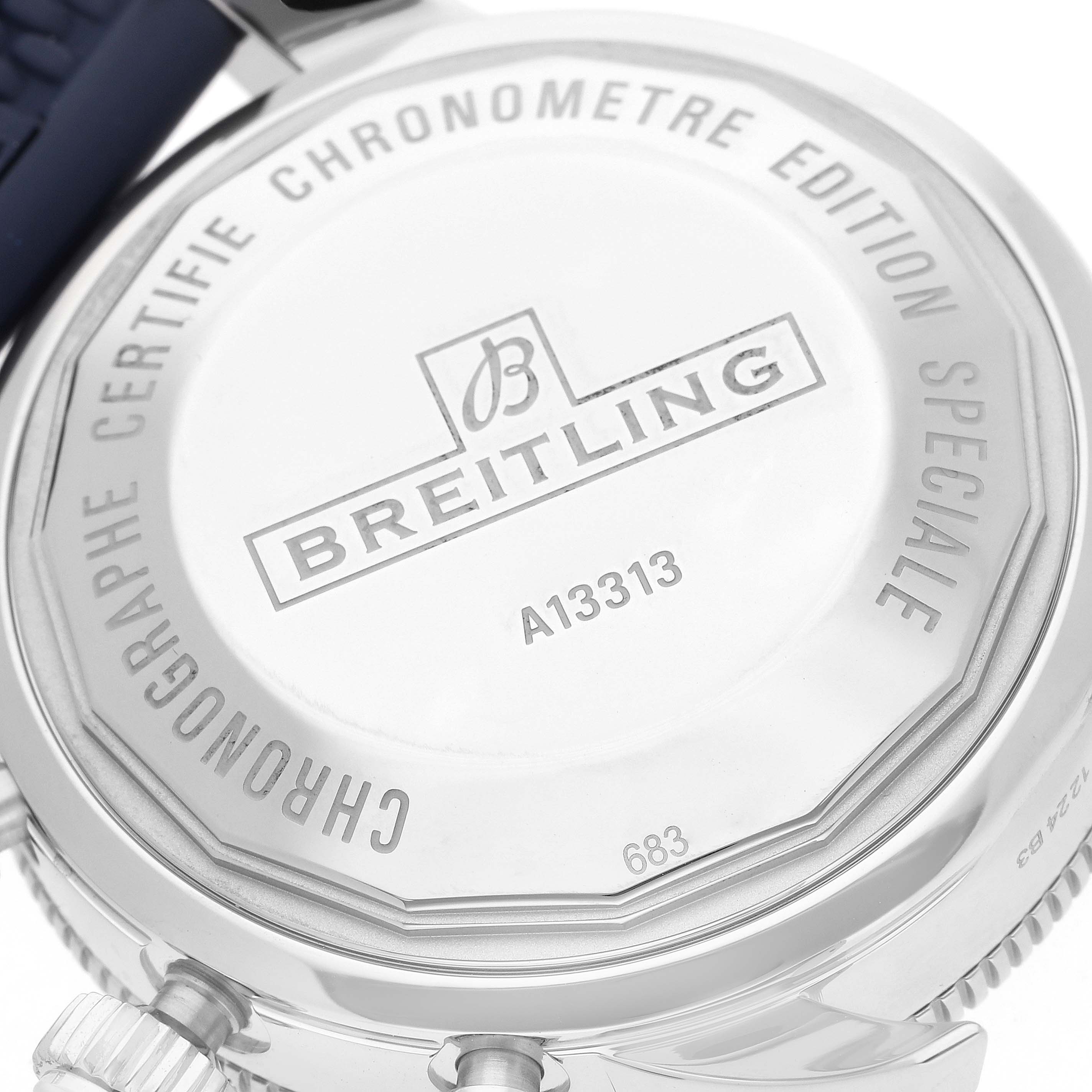 The image shows the back casing of a Breitling Superocean A13313 Men
s Stainless Steel Blue Dial watch, highlighting its engraving details.