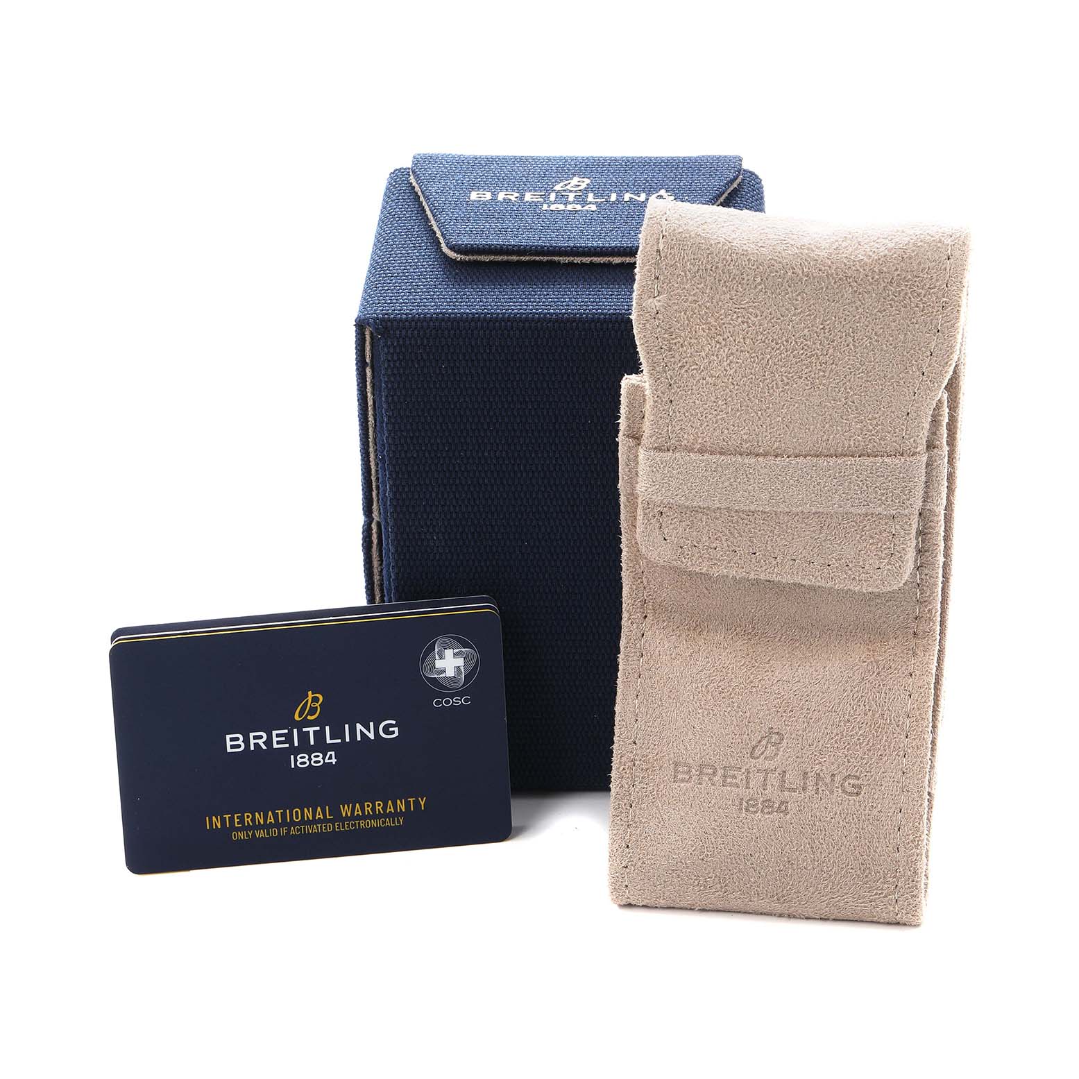 The image shows Breitling Superocean A13313 Men
s Stainless Steel Blue Dial accessories including a blue box, suede pouch, and warranty card.