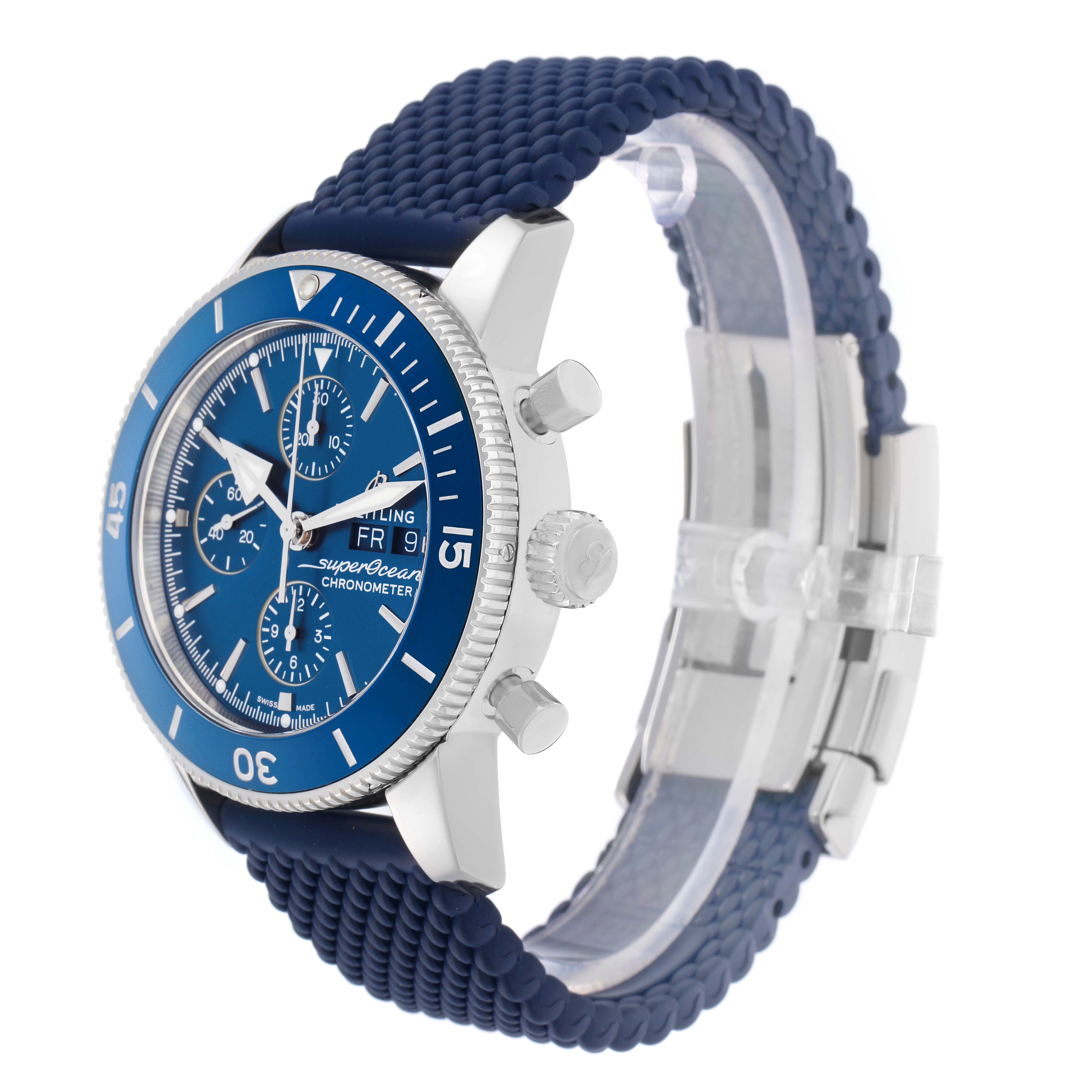 The Breitling Superocean A13313 Men
s Stainless Steel Blue Dial watch is shown at a side angle highlighting the blue dial, bezel, crown, pushers, and textured strap.
