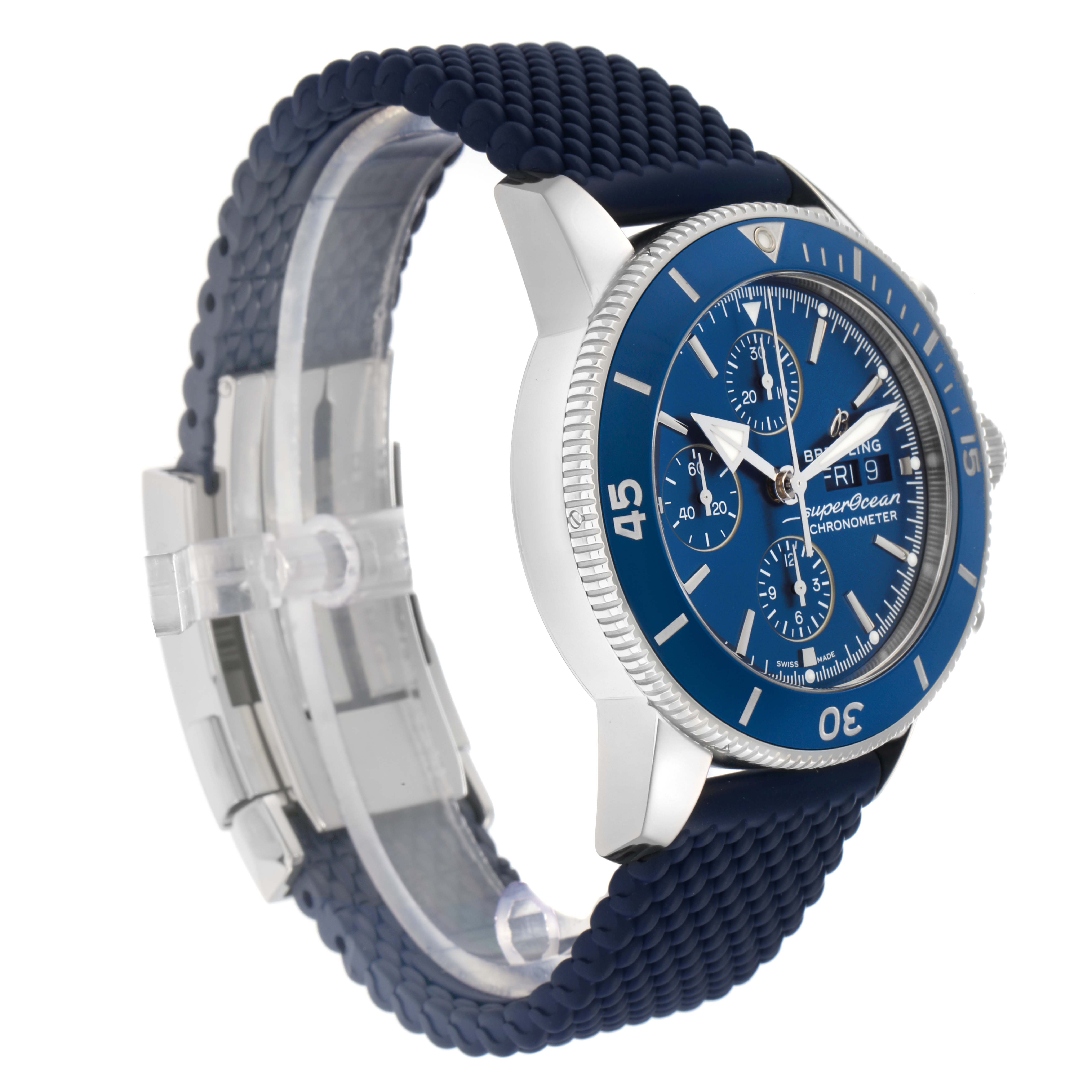The Breitling Superocean A13313 Men
s Stainless Steel Blue Dial watch is shown from a side angle, highlighting the blue bezel, textured strap, and chronograph dials.
