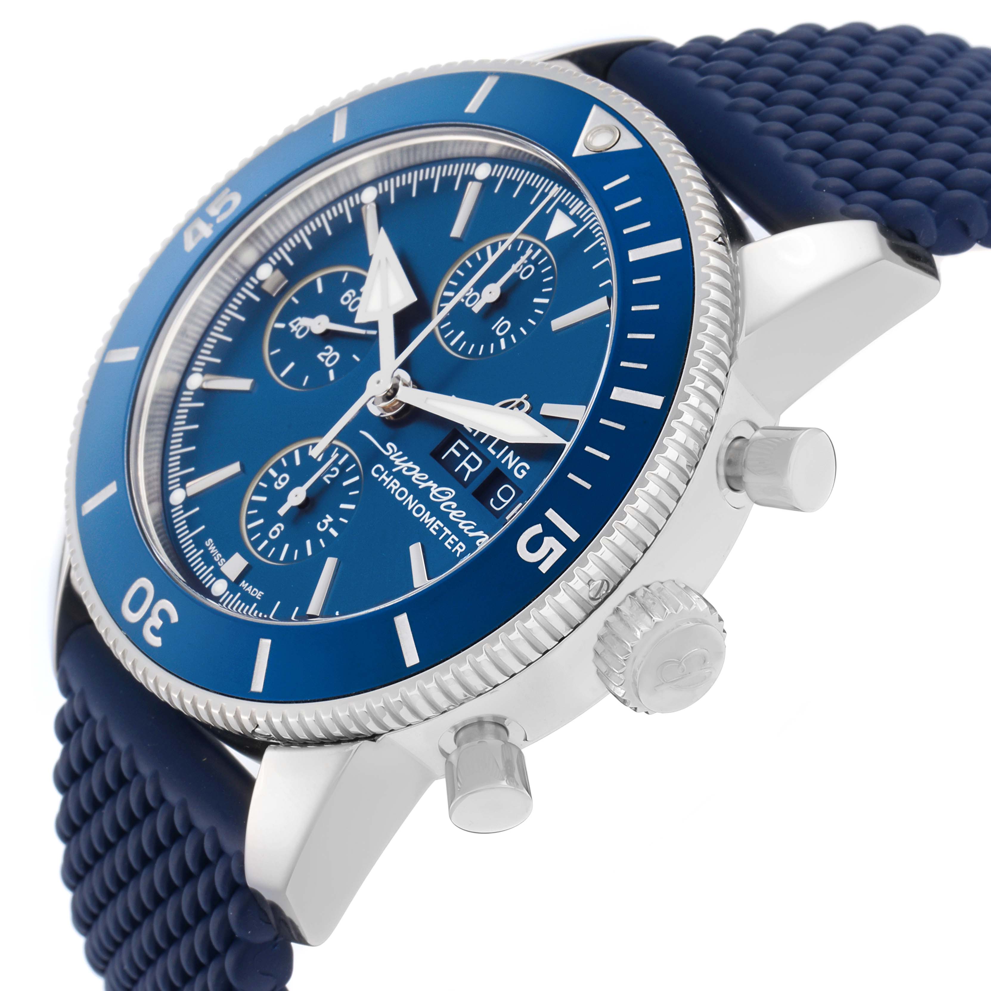 The Breitling Superocean A13313 Men
s Stainless Steel Blue Dial watch is shown at a diagonal angle, highlighting the blue face, bezel, crown, pushers, and textured strap.