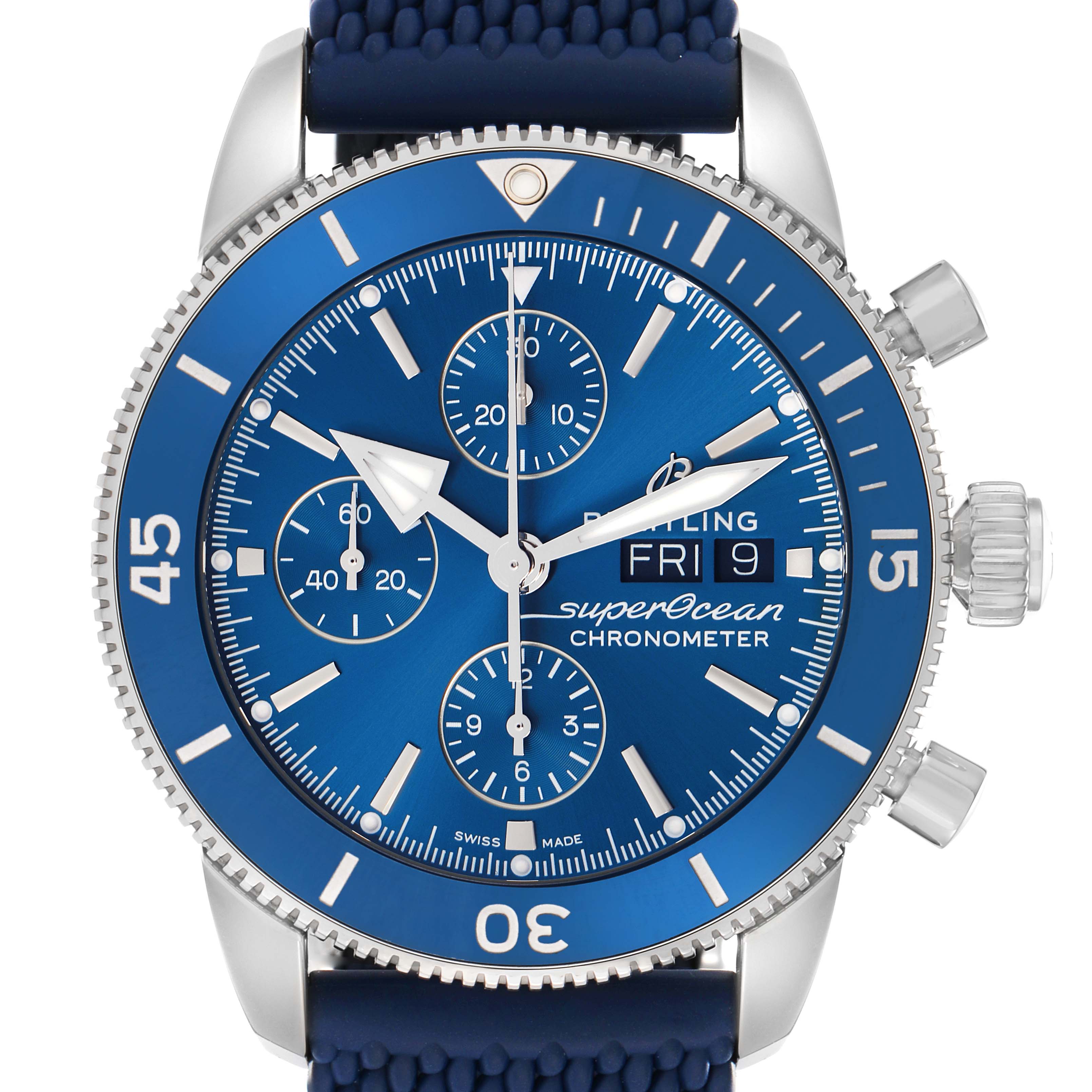 The image shows a front view of a Breitling Superocean A13313 Men
s Stainless Steel Blue Dial watch, highlighting the face, bezel, and chronograph subdials.