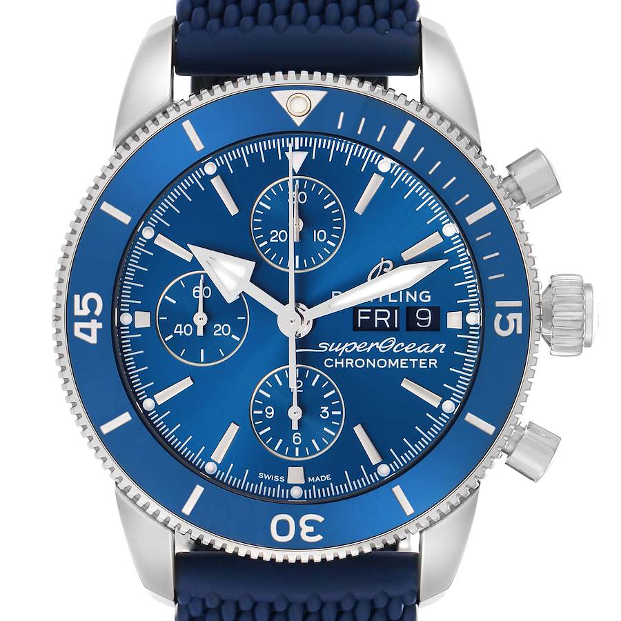 The Breitling Superocean A13313 men's watch is shown from a frontal angle, displaying its blue dial, chronograph subdials, and day-date windows.