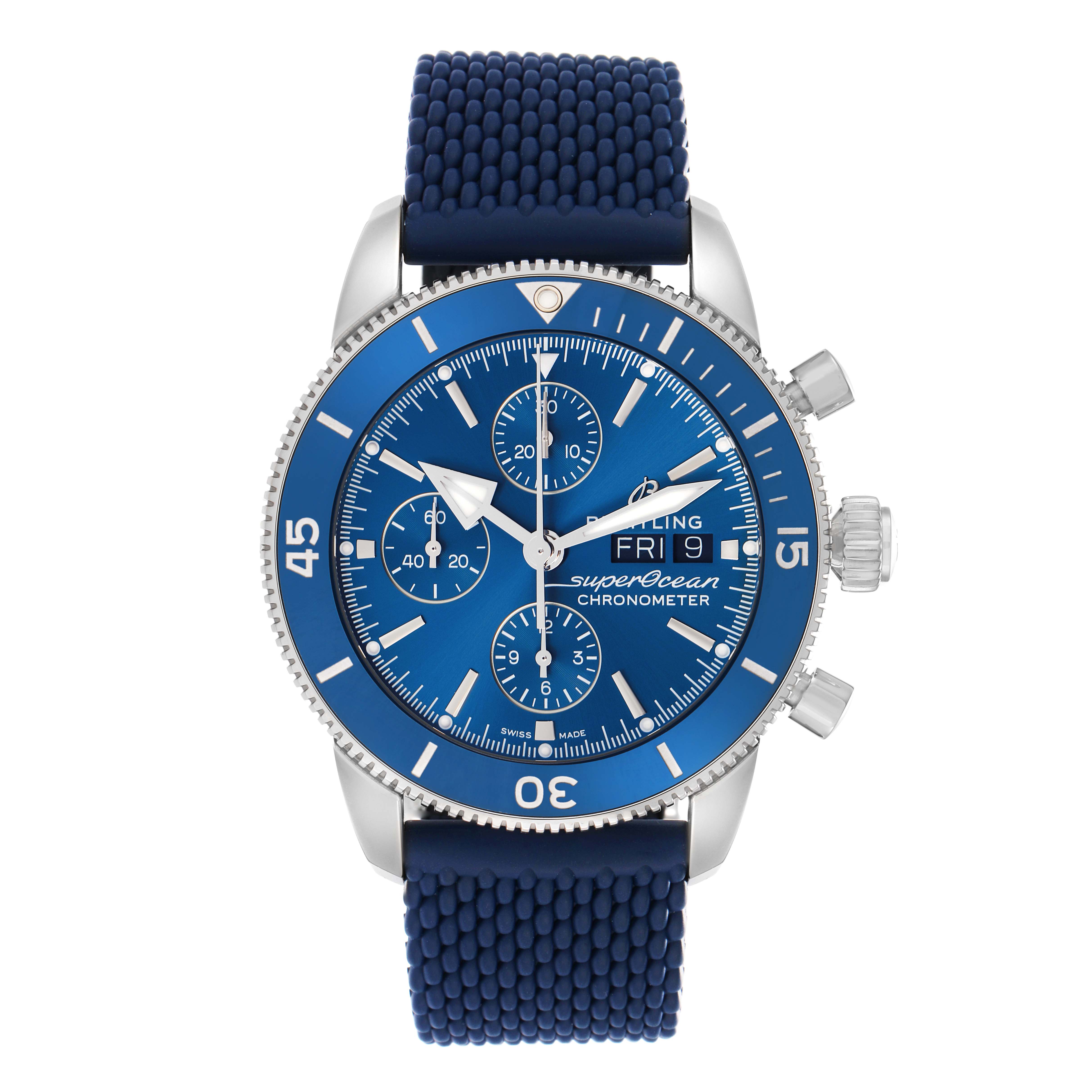 The Breitling Superocean A13313 Men
s Stainless Steel Blue Dial watch is shown from a front view, highlighting its blue dial, bezel, and textured strap.