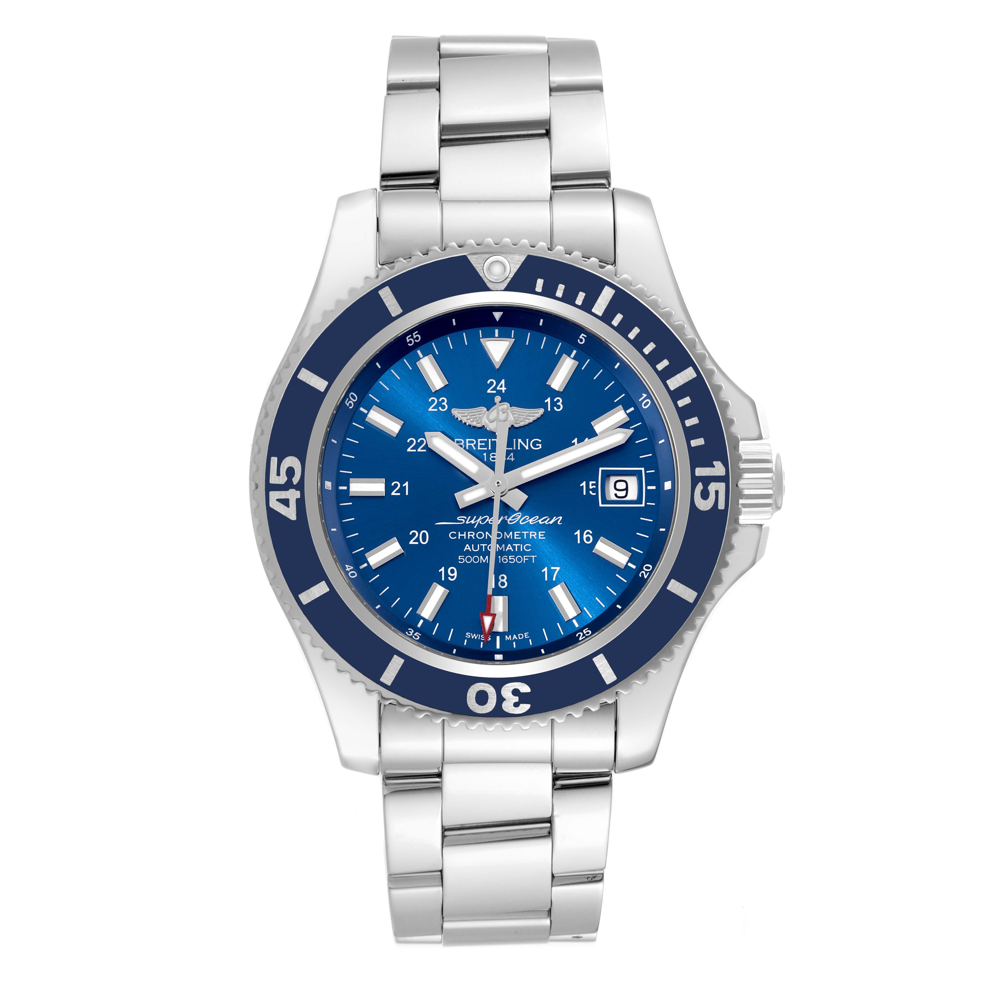 This Breitling Superocean A17365 Men
s Stainless Steel Blue Dial A17365 Men
s Stainless Steel Blue Dial model watch is shown from the front, highlighting its blue dial, bezel, and stainless steel bracelet.
