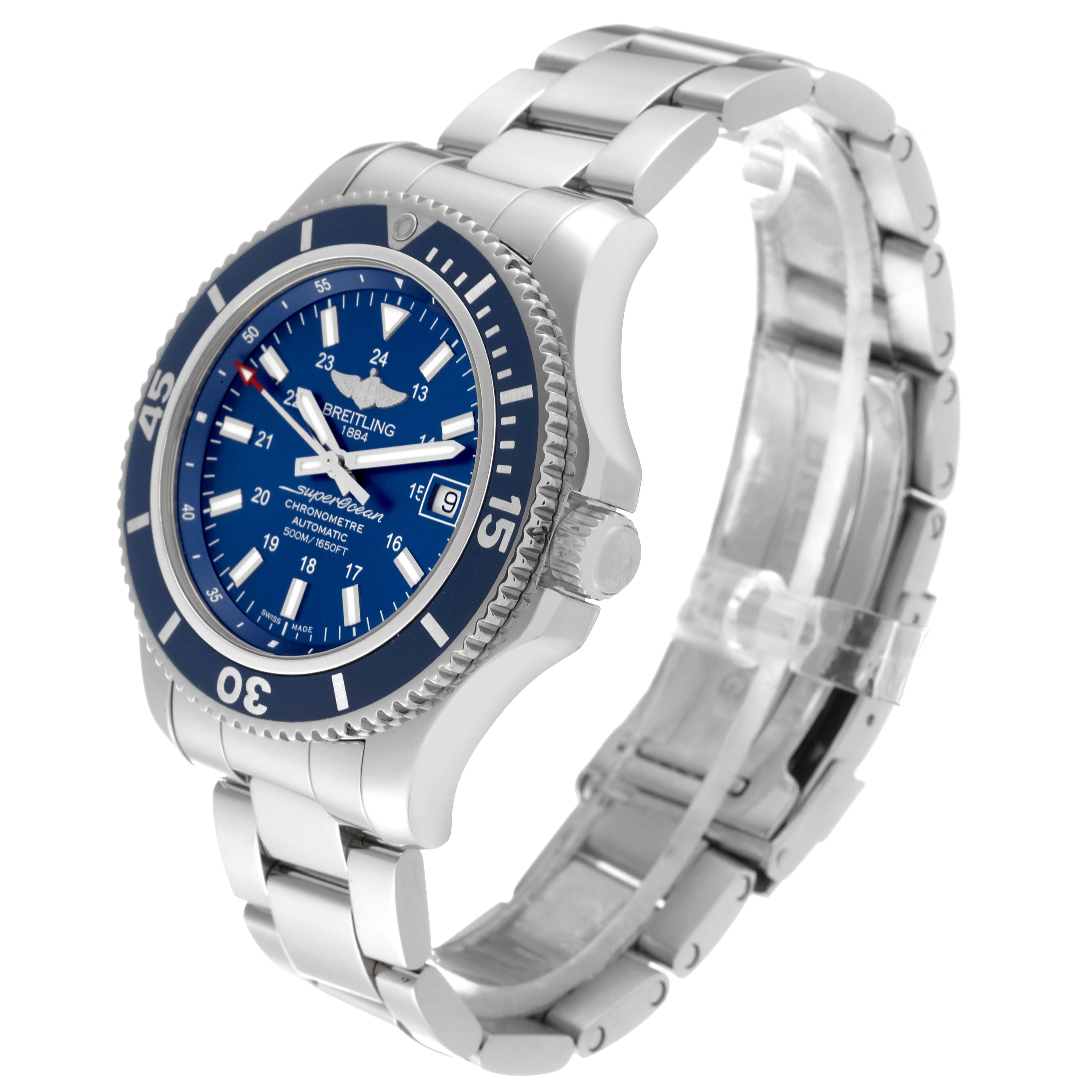 This image shows a side angle of the Breitling Superocean A17365 Men
s Stainless Steel Blue Dial A17365 Men
s Stainless Steel Blue Dial watch, highlighting the watch face, bezel, crown, and stainless steel bracelet.
