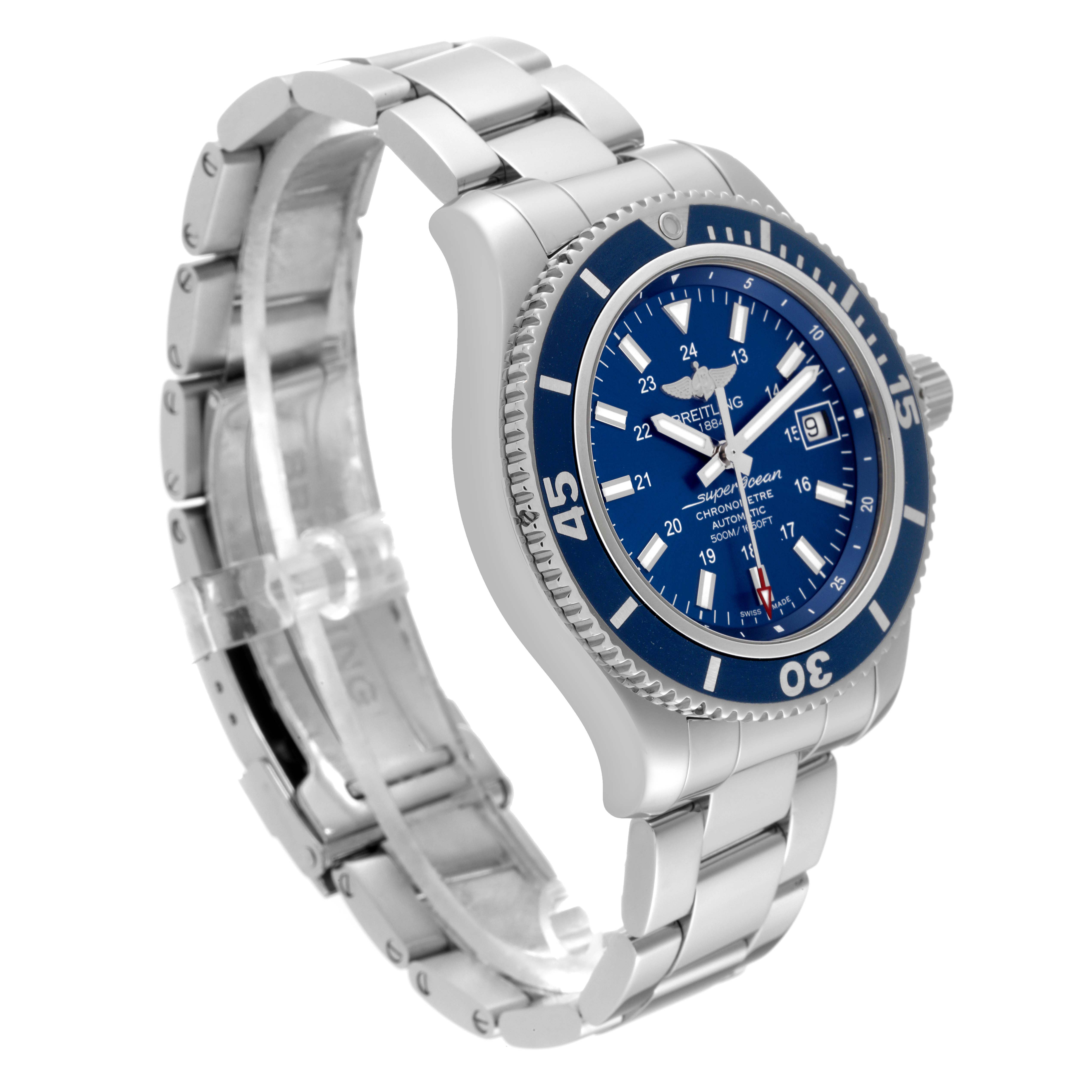 The image shows a Breitling Superocean A17365 Men
s Stainless Steel Blue Dial A17365 Men
s Stainless Steel Blue Dial watch at a left-side angle, highlighting its blue dial, bezel, and stainless steel bracelet.
