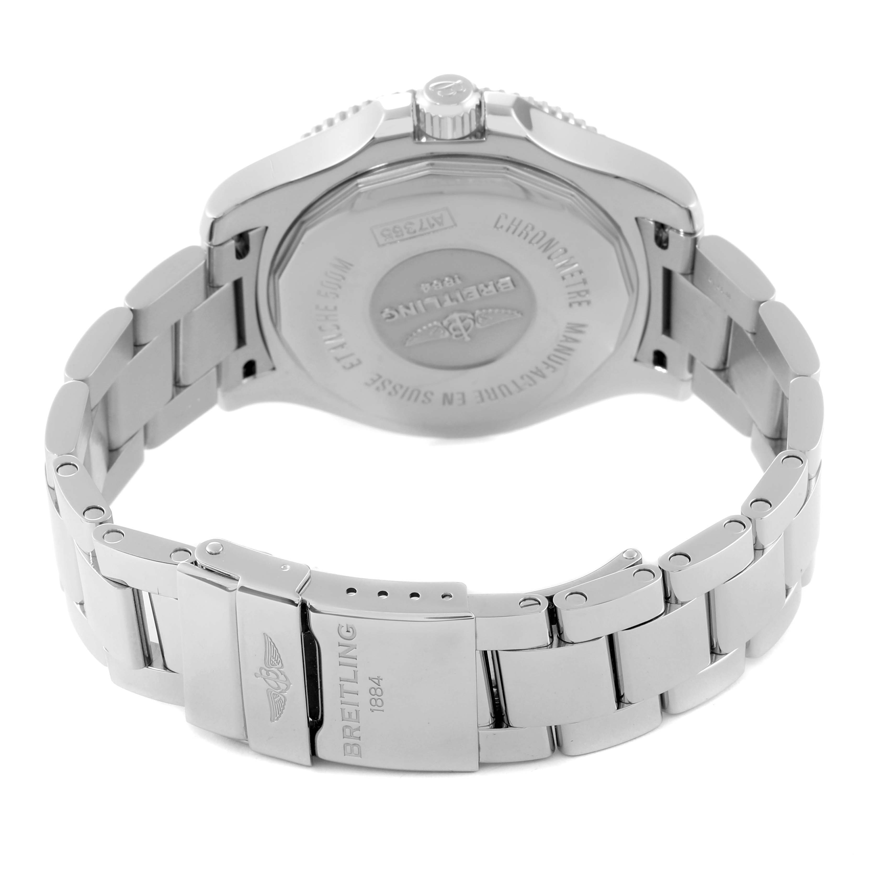 The image shows the backside and bracelet of a Breitling Superocean A17365 Men
s Stainless Steel Blue Dial A17365 Men
s Stainless Steel Blue Dial watch, focusing on the clasp and case back.