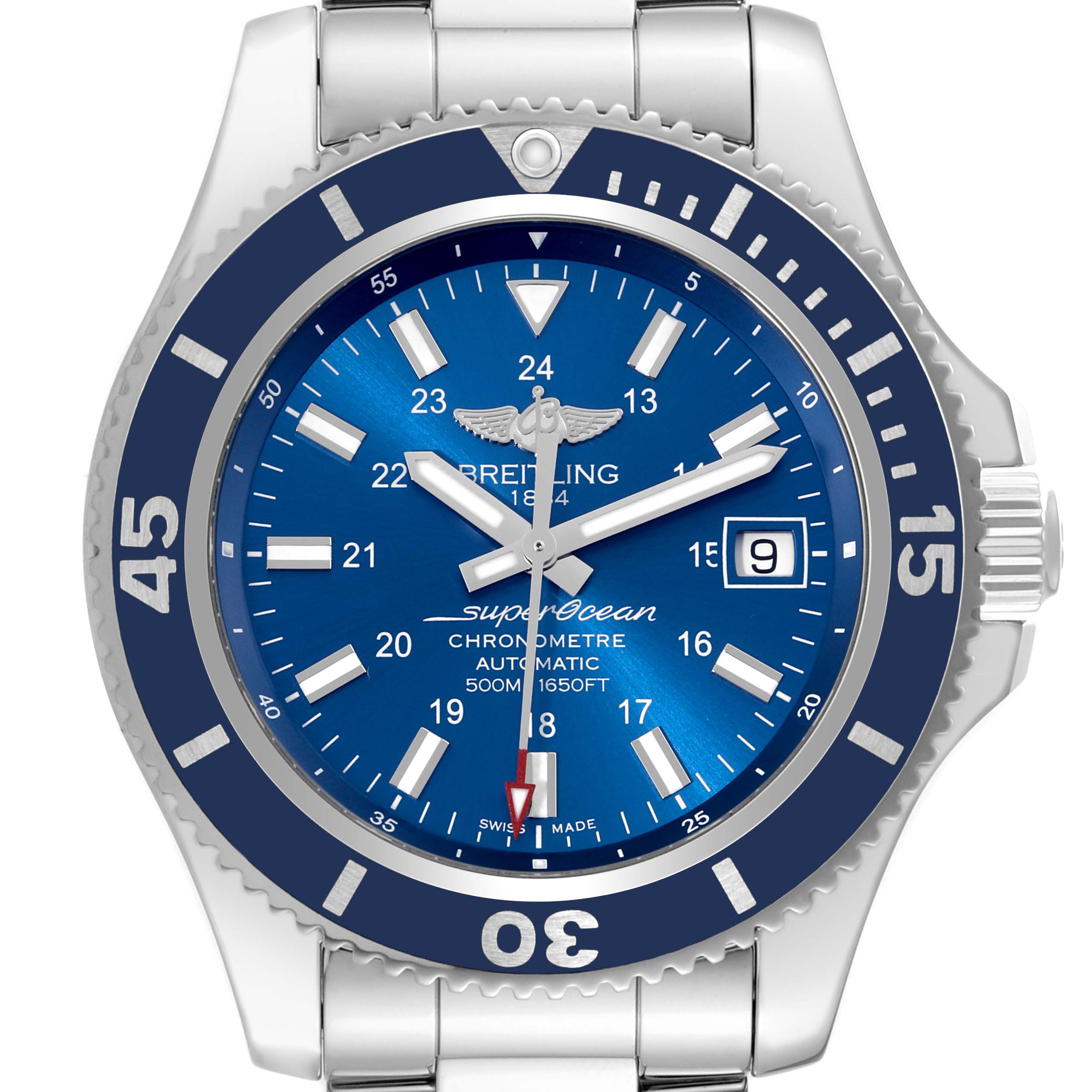 The image shows a close-up, front view of the Breitling Superocean A17365 Men
s Stainless Steel Blue Dial A17365 Men
s Stainless Steel Blue Dial watch, highlighting the blue dial, bezel, and date window.