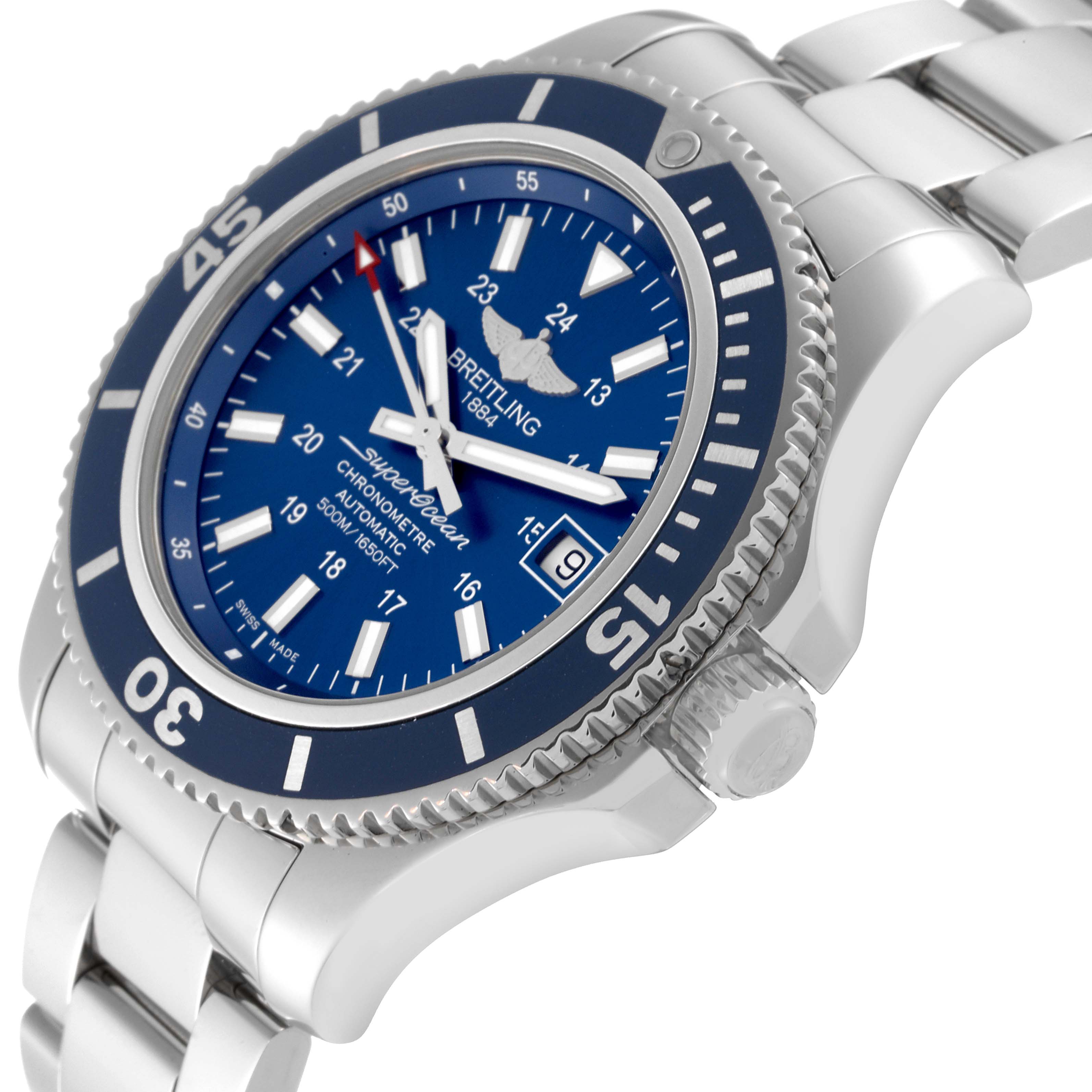 This image shows a side angle of a Breitling Superocean A17365 Men
s Stainless Steel Blue Dial A17365 Men
s Stainless Steel Blue Dial watch, highlighting the bezel, dial, crown, and part of the bracelet.