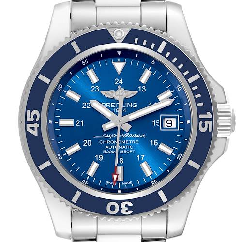 The image shows the face of a Breitling Superocean watch, highlighting the dial, bezel, hands, date window, and bracelet at a slightly tilted angle.