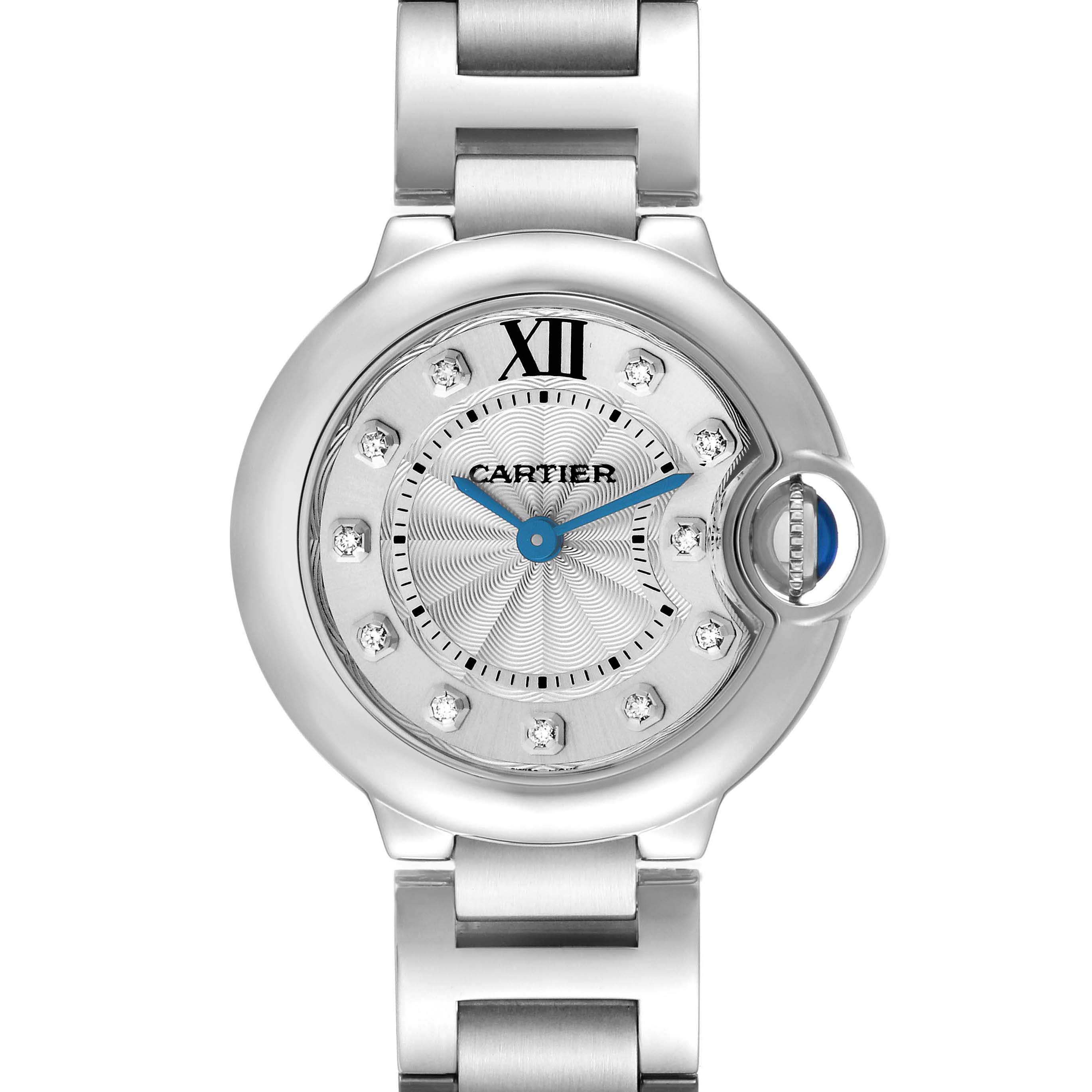 The Cartier Ballon Bleu WE902073 Women's Stainless Steel Silver Dial watch is shown from the front, highlighting its dial, blue hands, and distinctive crown.