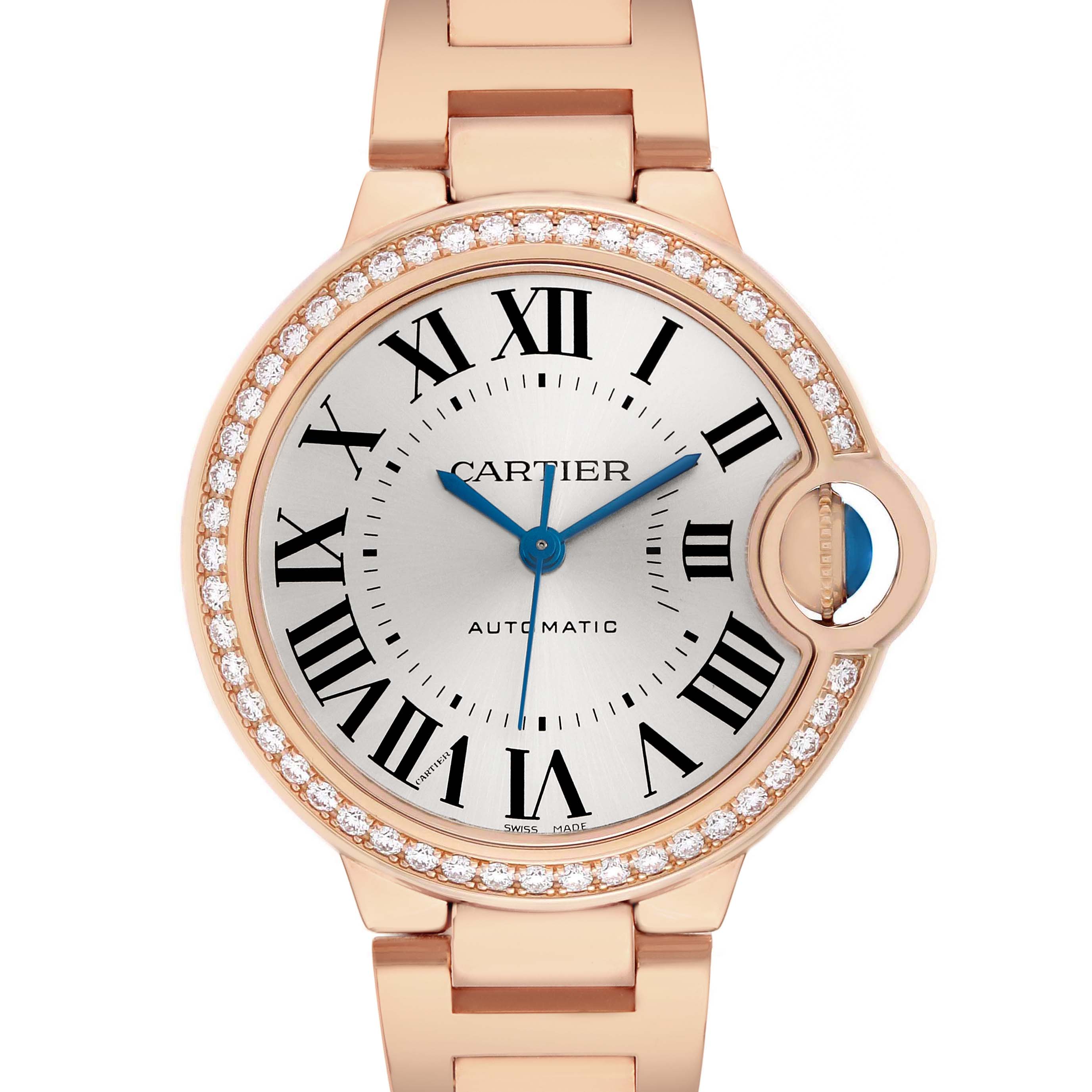 The Cartier Ballon Bleu WJBB0036 Women's Rose Gold Silver Dial watch is shown from the front, displaying its face, Roman numerals, and diamond-accented bezel.