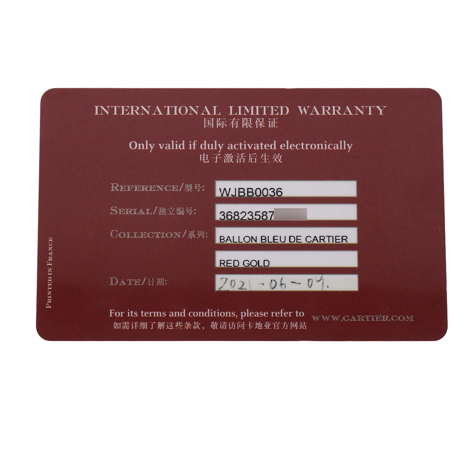 The image shows the warranty card for a Cartier Ballon Bleu WJBB0036 Women's Rose Gold Silver Dial watch, detailing its reference, serial number, and collection.