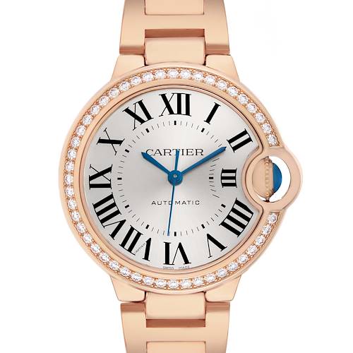 The Cartier Ballon Bleu WJBB0036 Women's Rose Gold Silver Dial watch is shown from the front, displaying its dial, diamond-set bezel, and bracelet.