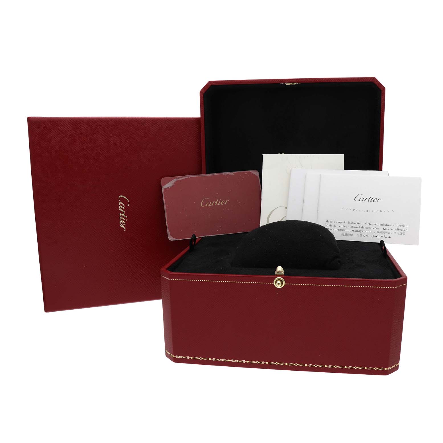 The image shows the Cartier Ballon Bleu WJBB0036 Women's Rose Gold Silver Dial watch accessories including a red box, cushion, documents, and a card from a frontal angle.
