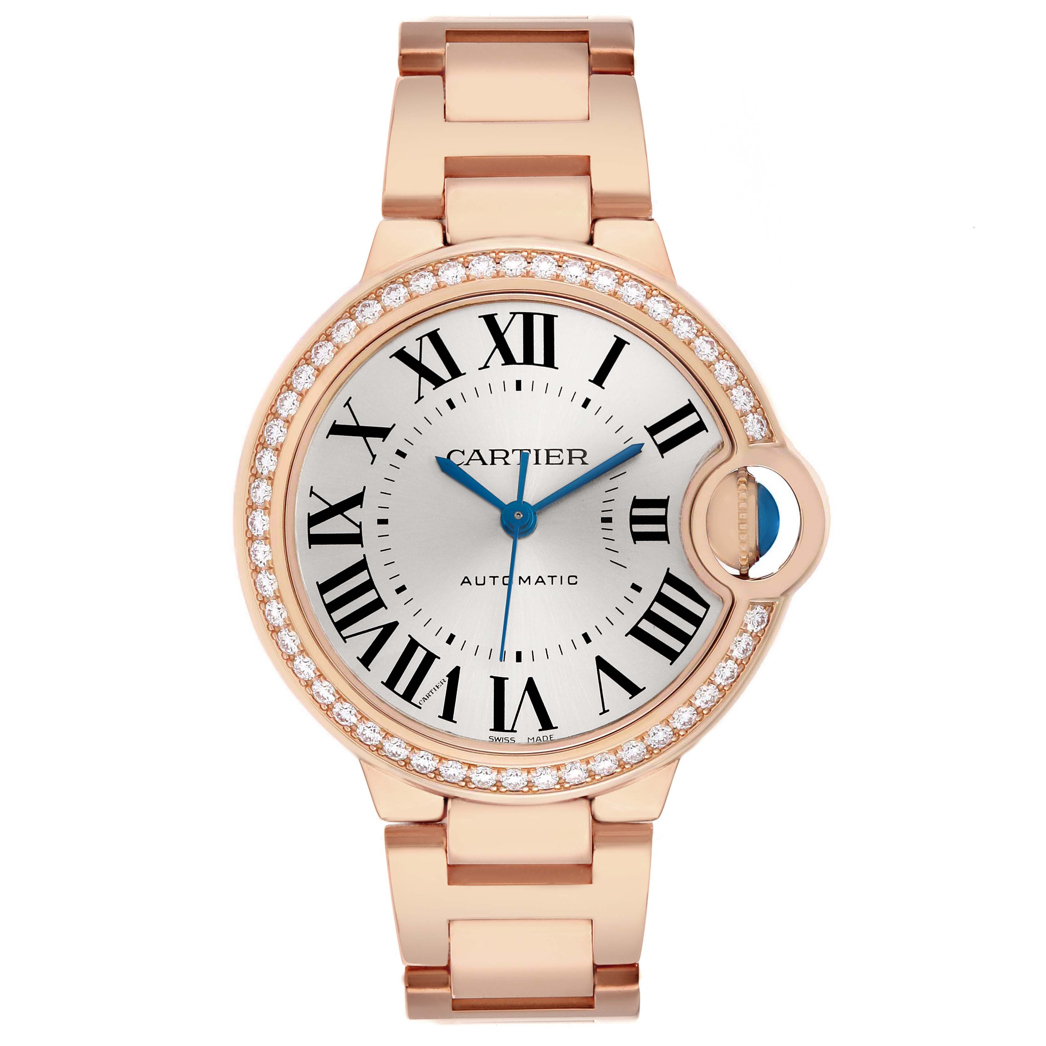 The Cartier Ballon Bleu WJBB0036 Women's Rose Gold Silver Dial watch is shown from a top-down angle, highlighting its round case, bracelet, and diamond-set bezel.