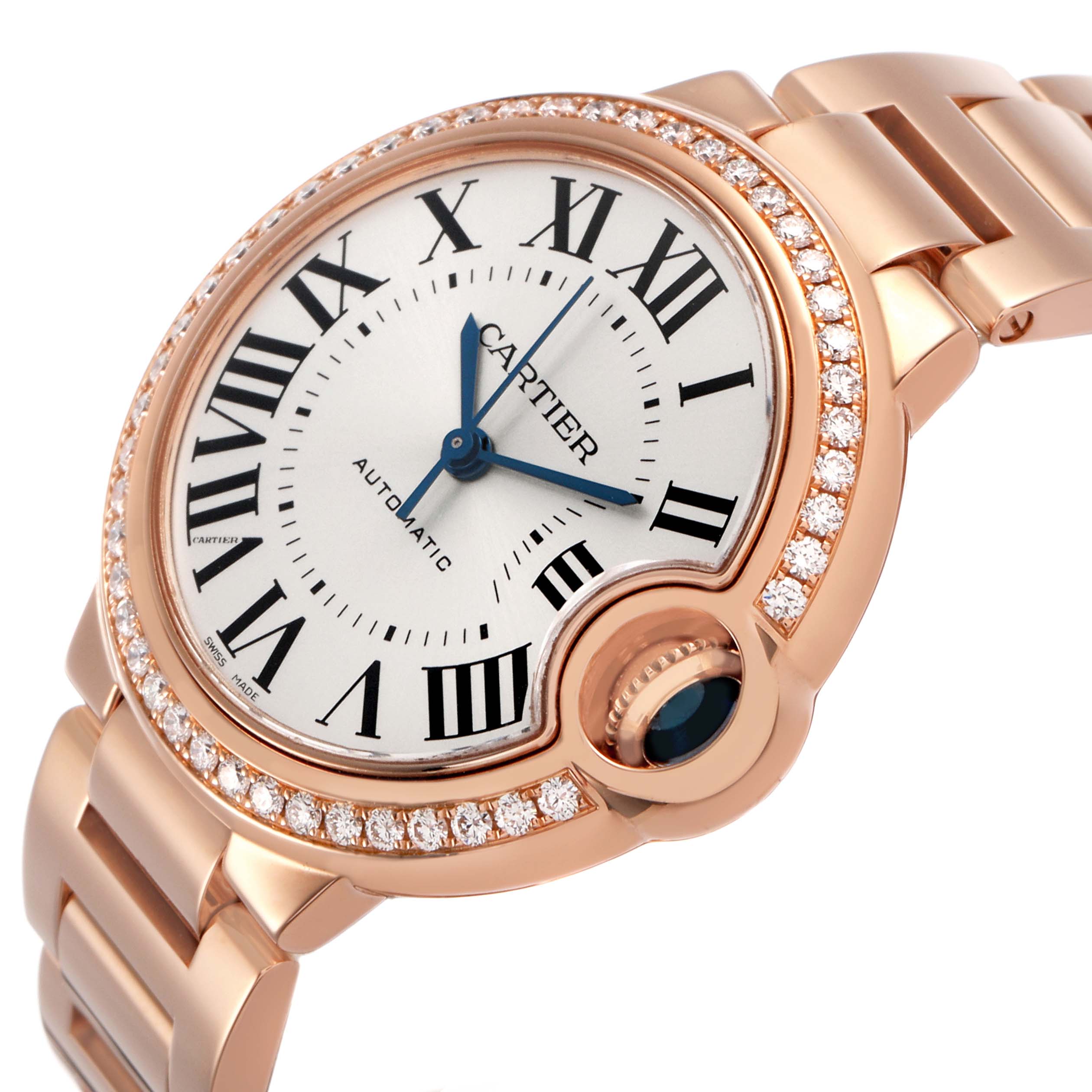 The Cartier Ballon Bleu WJBB0036 Women's Rose Gold Silver Dial watch is shown at an angle highlighting the dial, bezel with diamonds, crown, and bracelet.