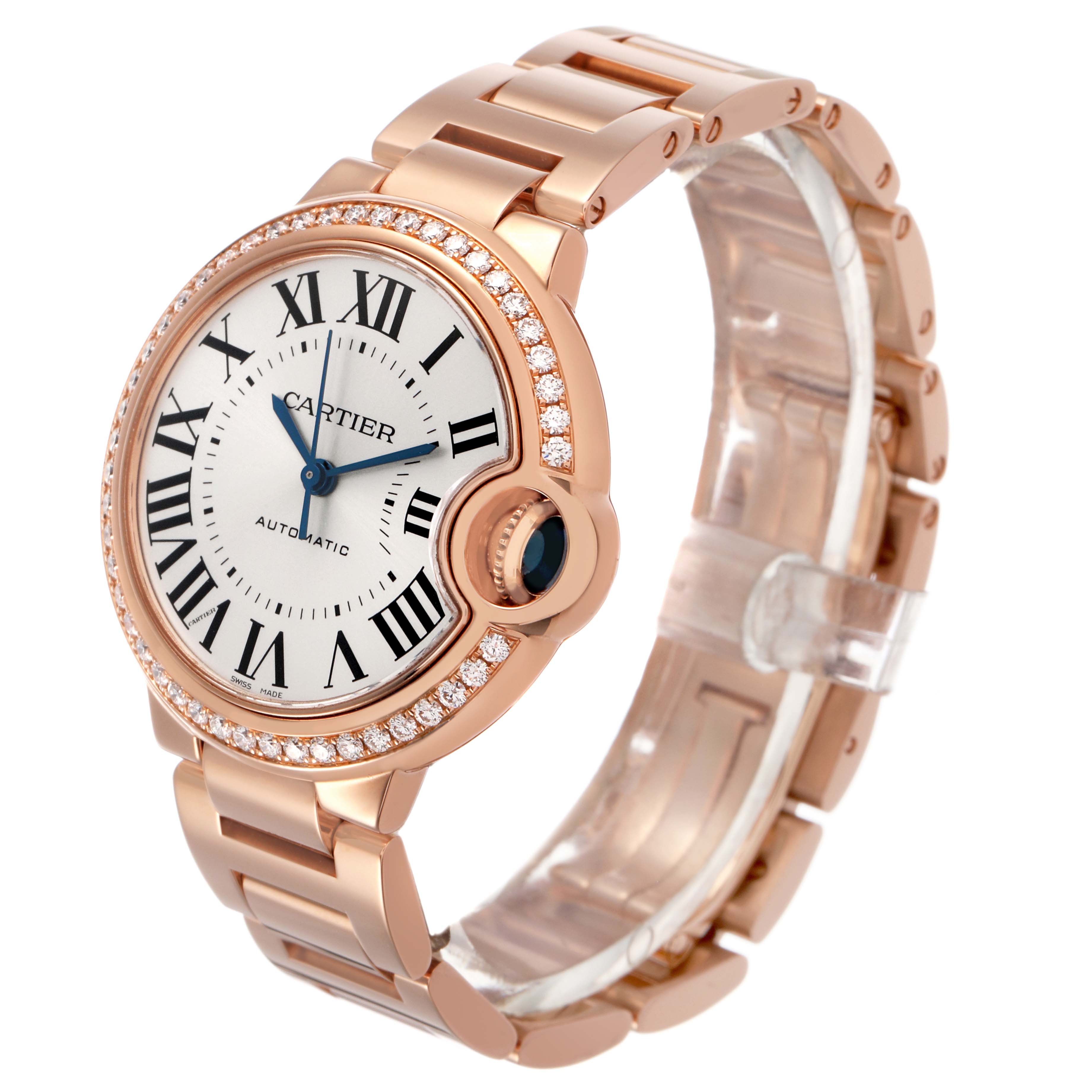 The Cartier Ballon Bleu WJBB0036 Women's Rose Gold Silver Dial watch is shown at a three-quarter angle, highlighting its bracelet, bezel with diamonds, and blue cabochon crown.
