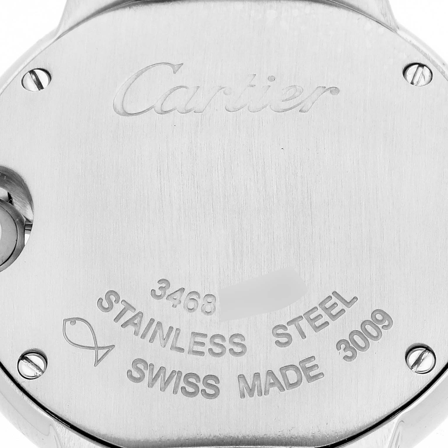 The image shows the stainless steel back casing of a Cartier Ballon Bleu WE902073 Women
s Stainless Steel Silver Dial watch, including screws and engraved markings like "Swiss Made".