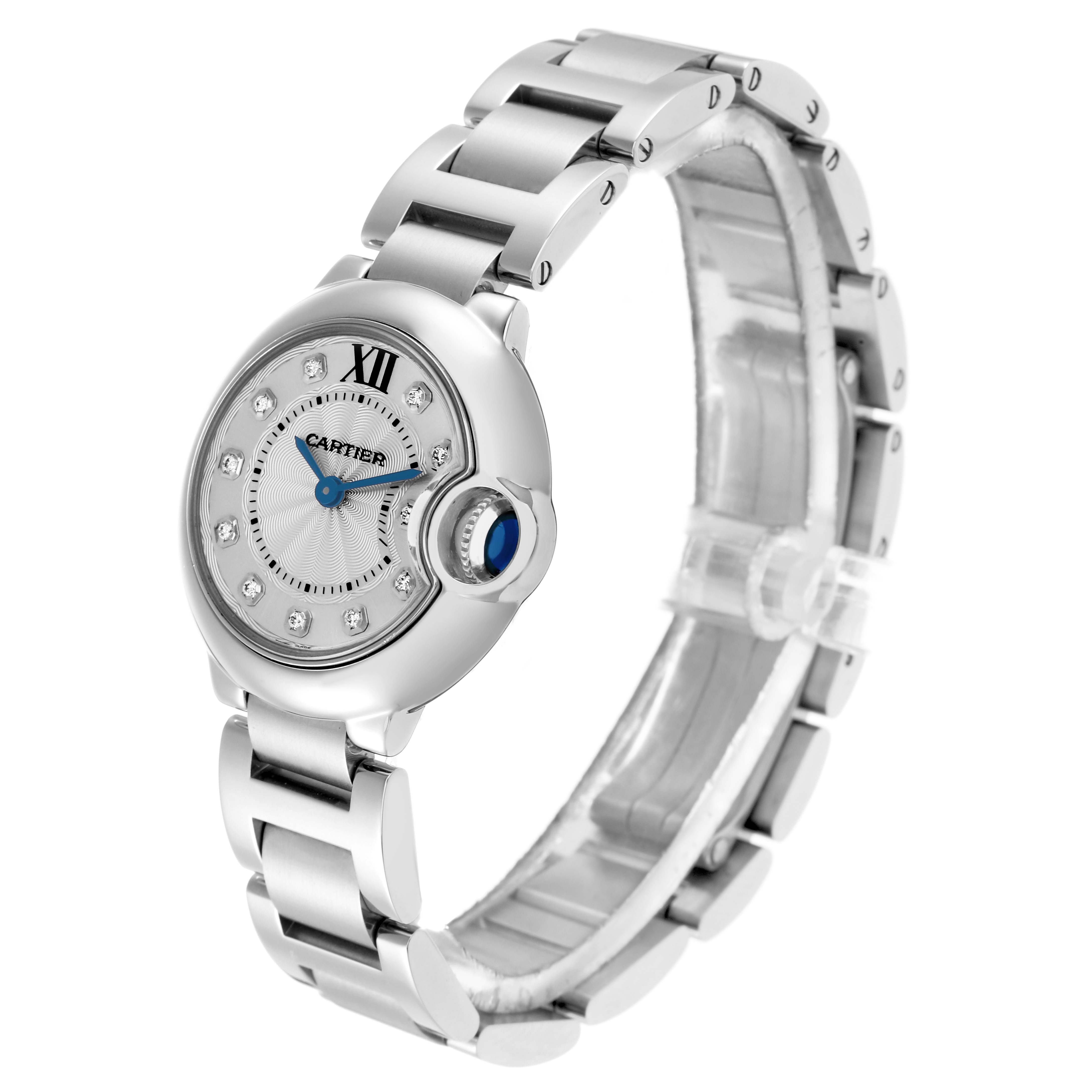 The Cartier Ballon Bleu WE902073 Women
s Stainless Steel Silver Dial watch is shown at a three-quarter angle, highlighting its face, crown, and bracelet.