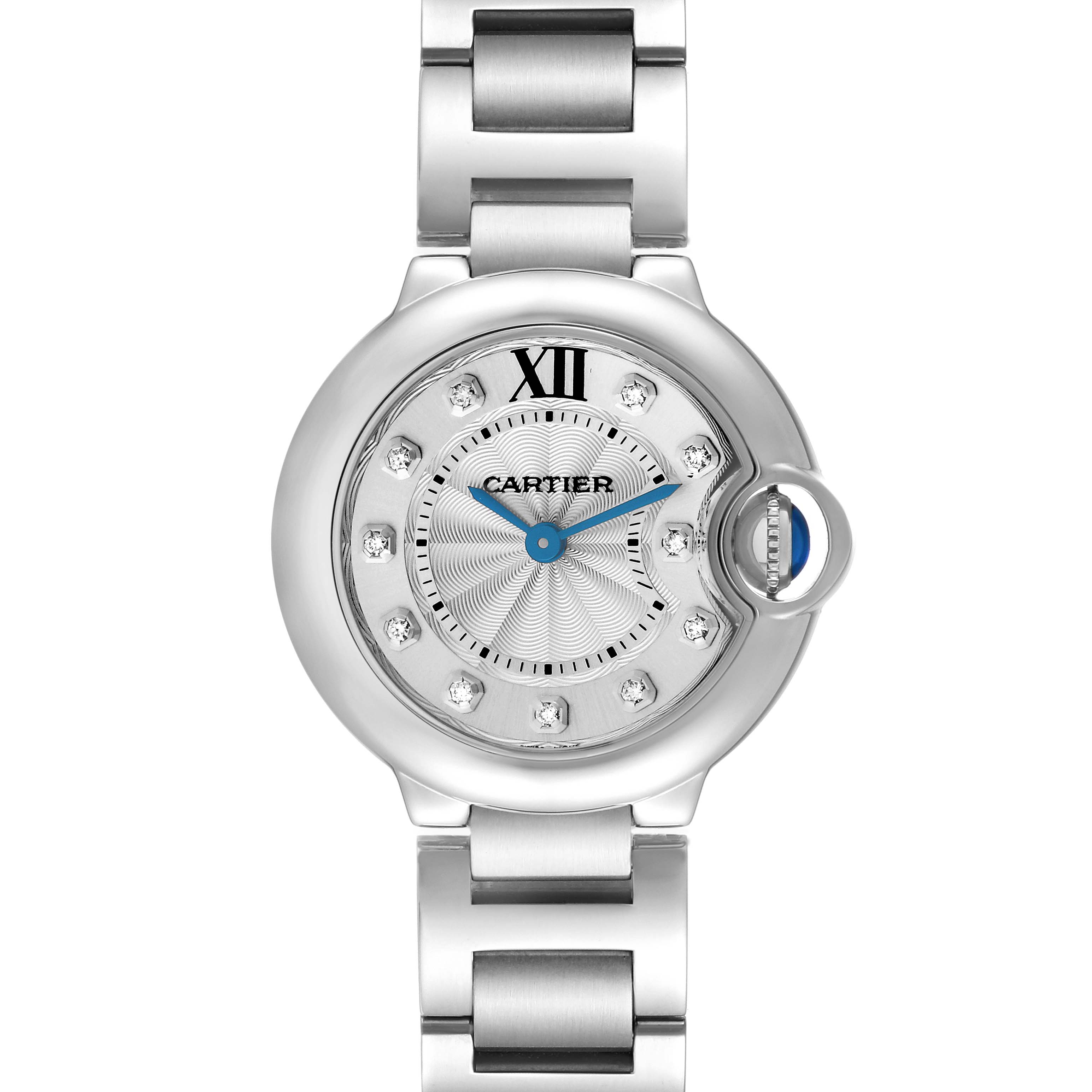 The Cartier Ballon Bleu WE902073 Women
s Stainless Steel Silver Dial watch is shown from a top-down view, highlighting the dial, crown, and bracelet.