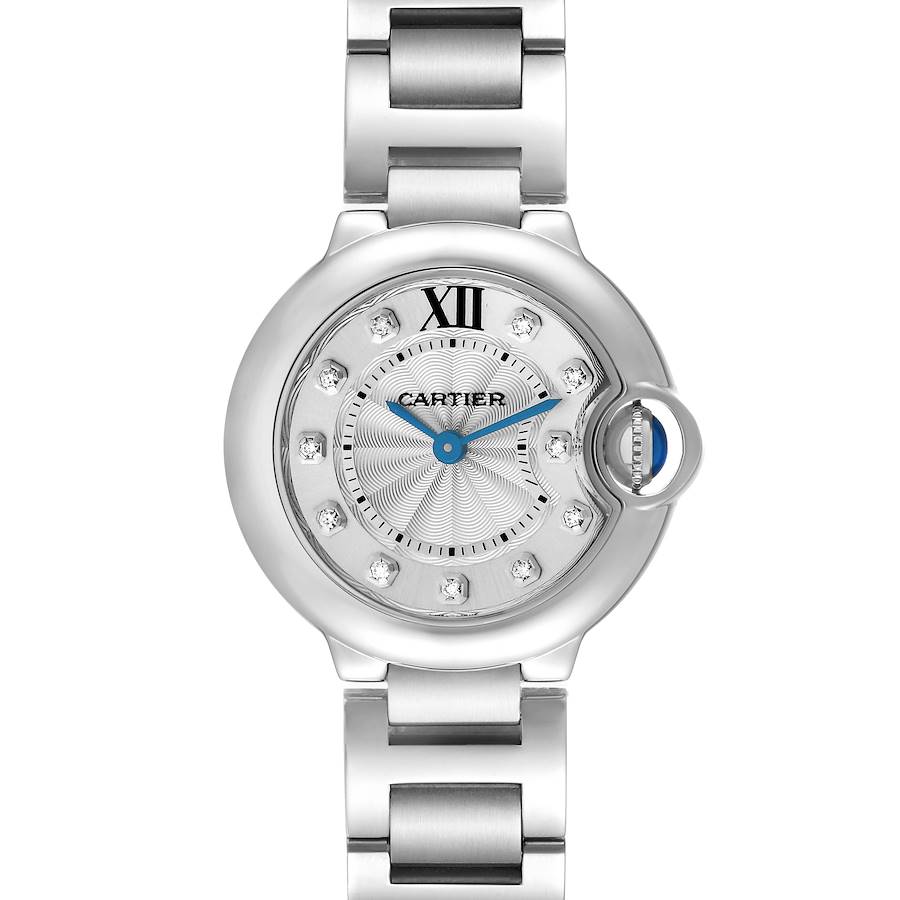 The image shows a Cartier Ballon Bleu model WE902073 men's watch from a front angle, highlighting the dial, crown, and part of the bracelet.