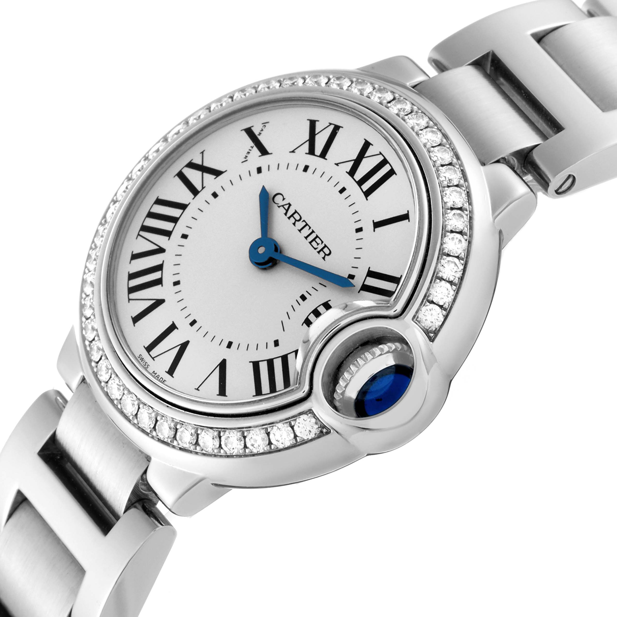 The image shows a close-up angle of the dial and bracelet of a Cartier Ballon Bleu W4BB0015 Women
s Stainless Steel Silver Dial W4BB0015 Women
s Stainless Steel Silver Dial watch with a diamond bezel.