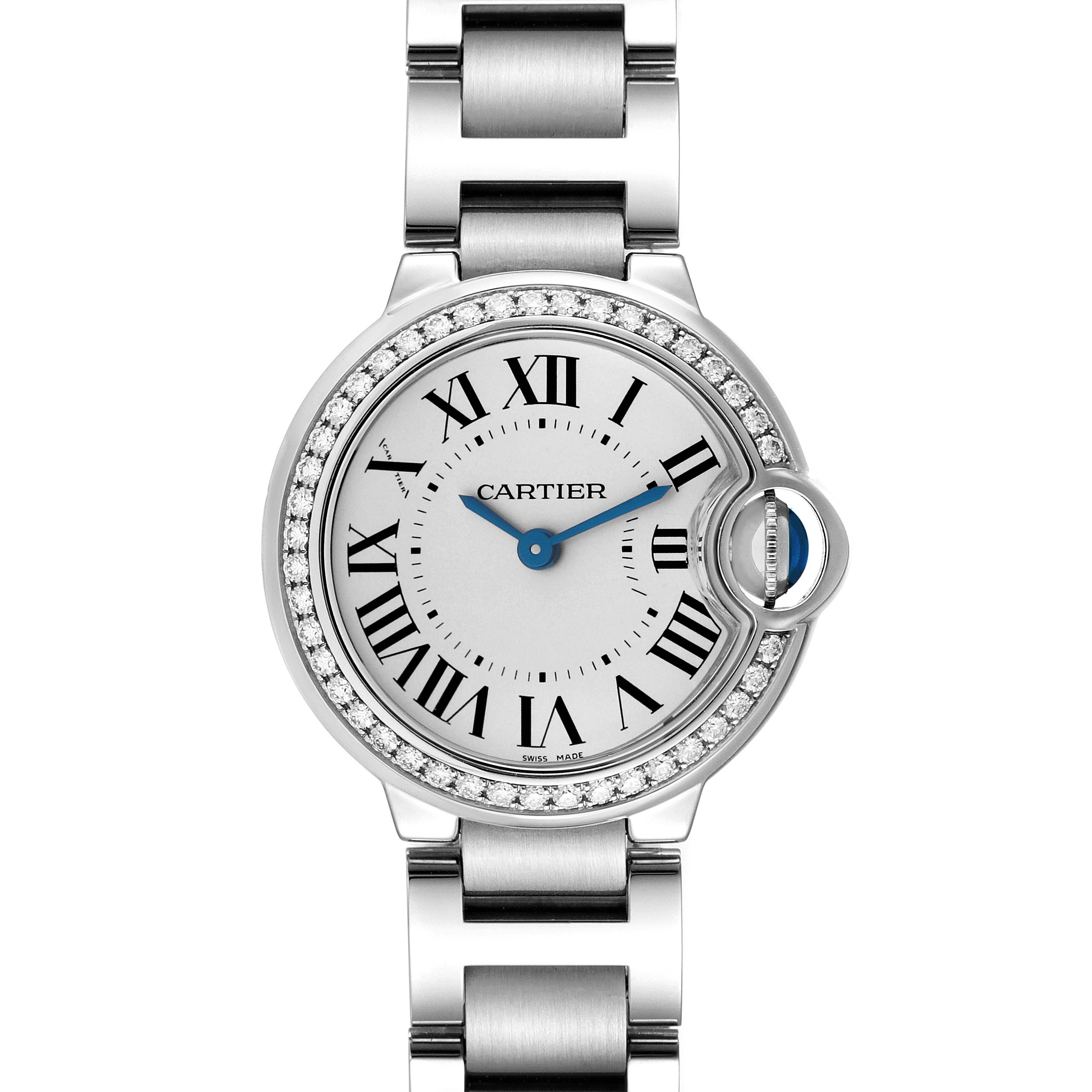 The image depicts a front view of a Cartier Ballon Bleu W4BB0015 Women
s Stainless Steel Silver Dial W4BB0015 Women
s Stainless Steel Silver Dial watch, showcasing its dial, bezel with diamonds, and part of its bracelet.