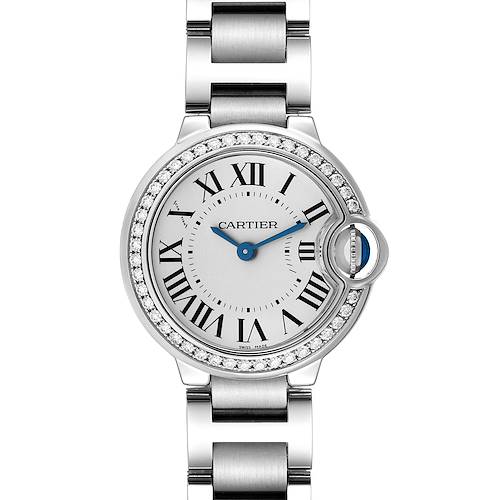 This image shows a front view of a Ballon Bleu de Cartier watch displaying the face, bezel, and part of the bracelet.