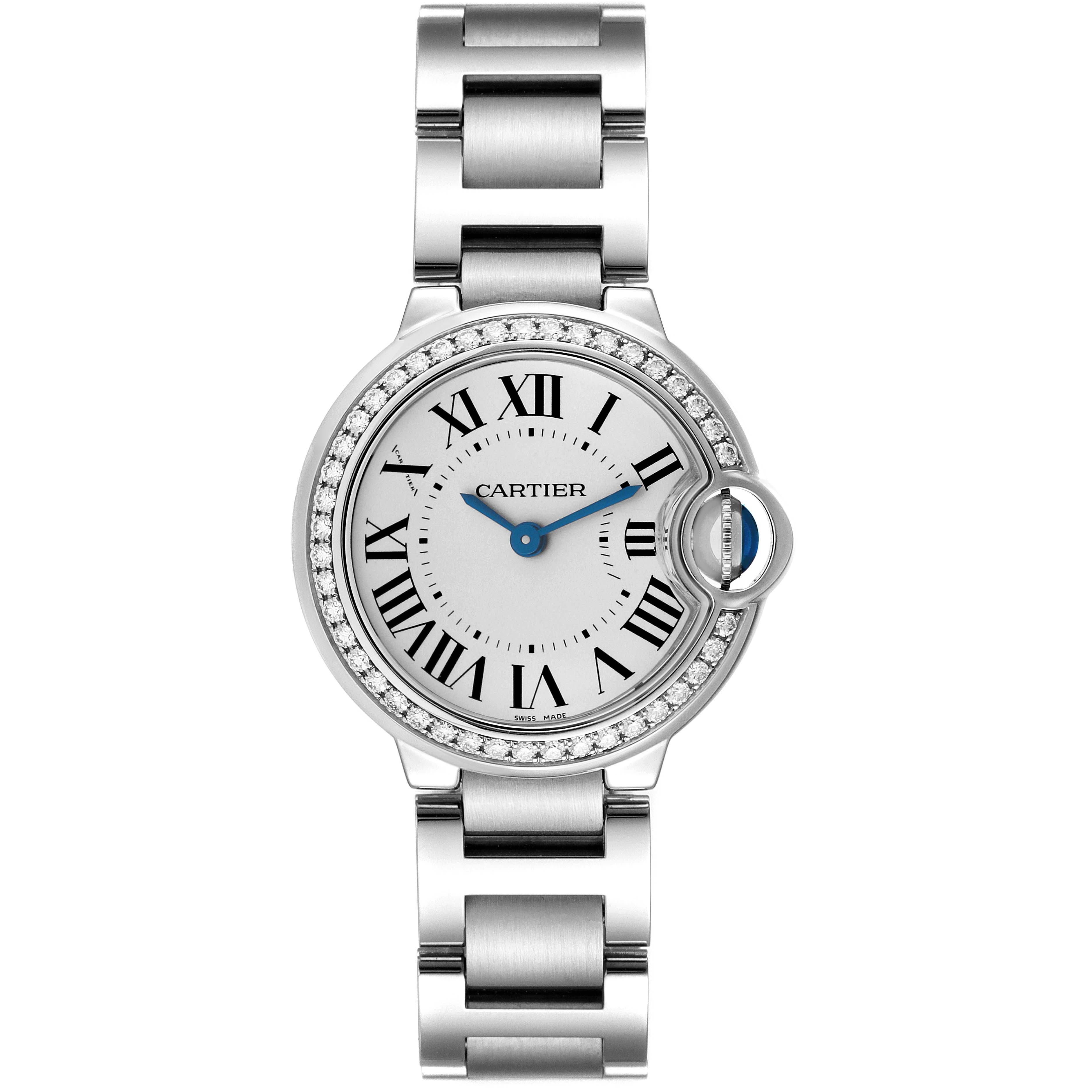 The image depicts a full frontal view of the Cartier Ballon Bleu W4BB0015 Women
s Stainless Steel Silver Dial W4BB0015 Women
s Stainless Steel Silver Dial watch, showcasing the bracelet, bezel, crown, and dial.