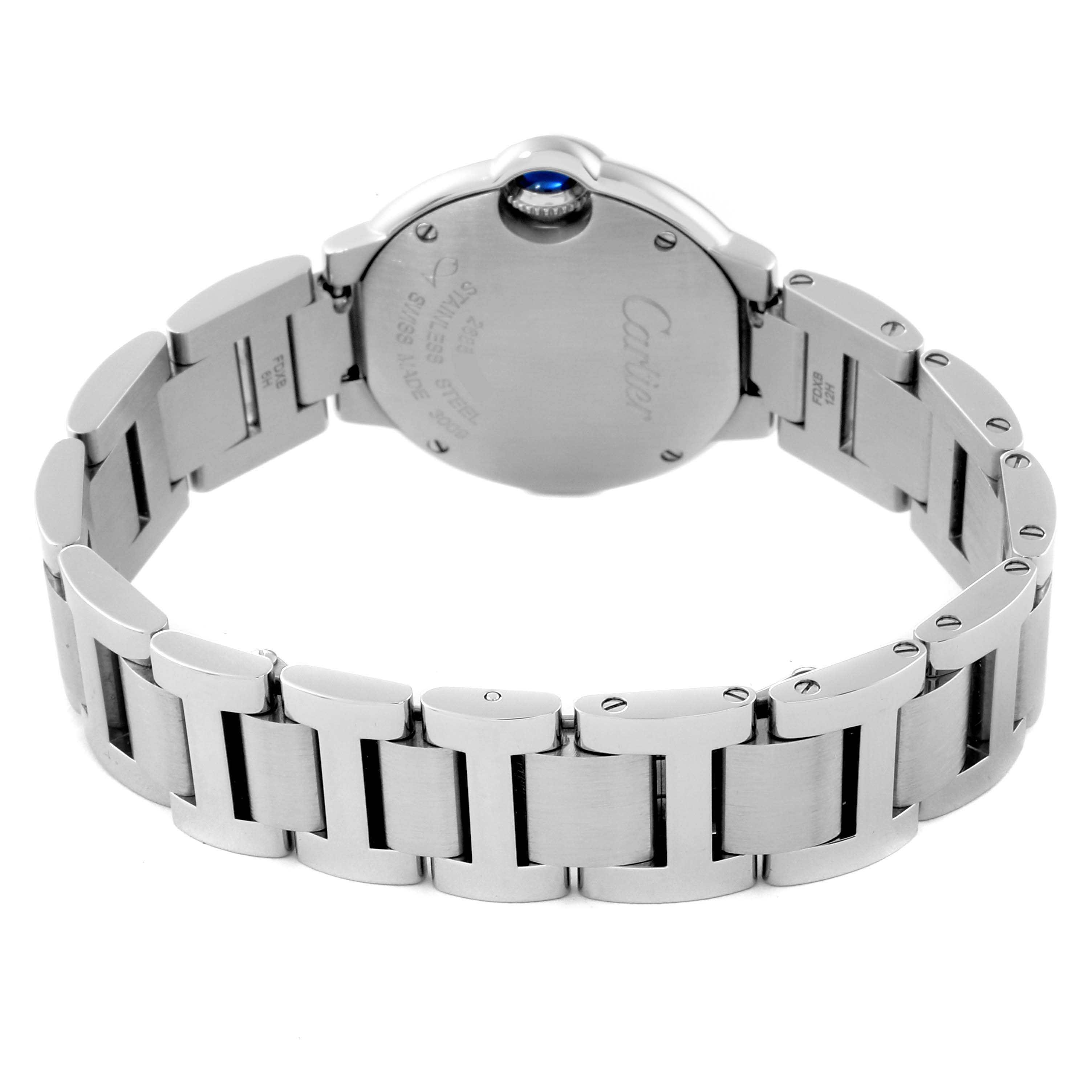 This image shows the back and bracelet of a Cartier Ballon Bleu W4BB0015 Women
s Stainless Steel Silver Dial W4BB0015 Women
s Stainless Steel Silver Dial watch, highlighting the steel links and sapphire crown.