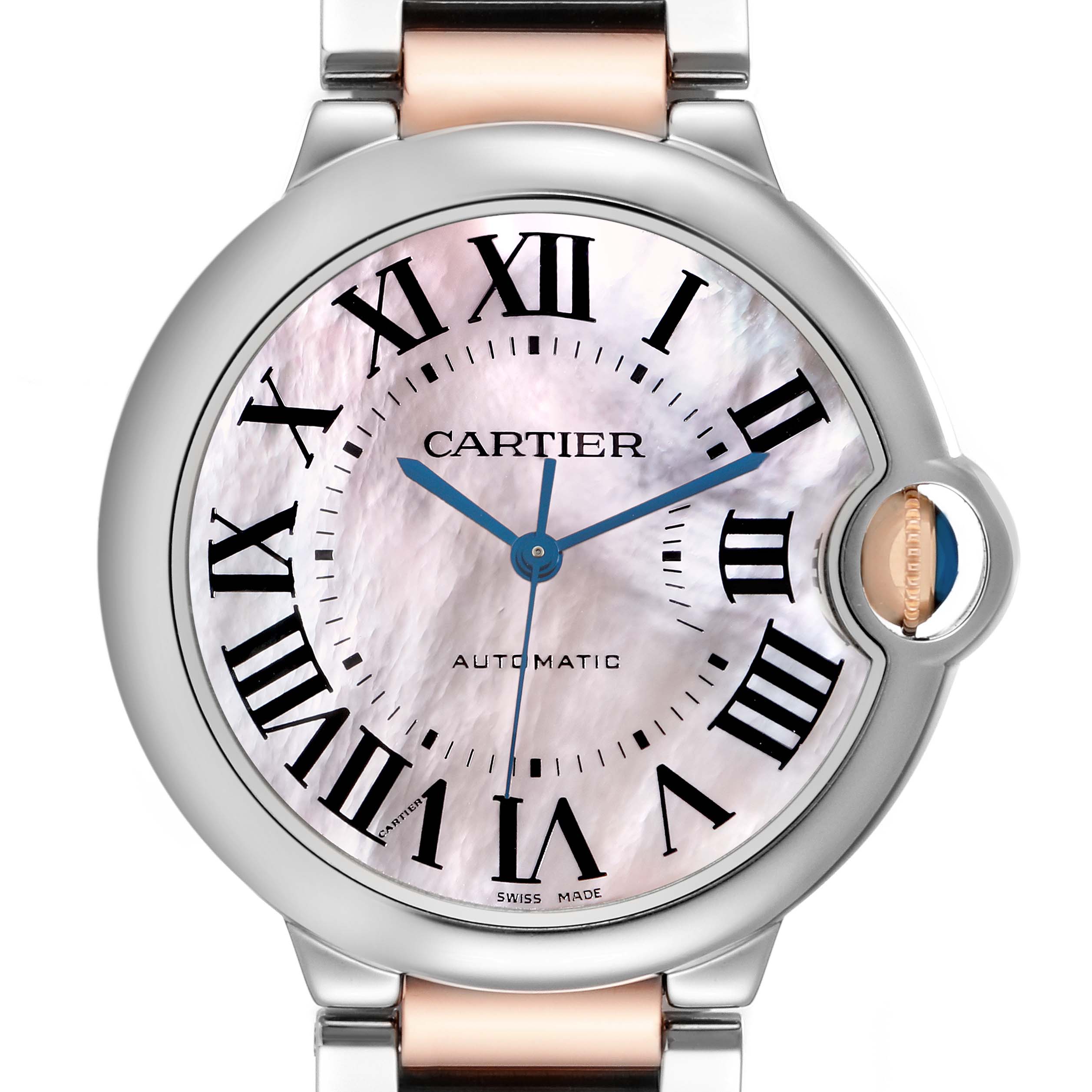 The Cartier Ballon Bleu W6920033 Women
s Stainless Steel Mother of Pearl Dial watch is shown from the front, highlighting its dial, Roman numerals, hands, and crown.