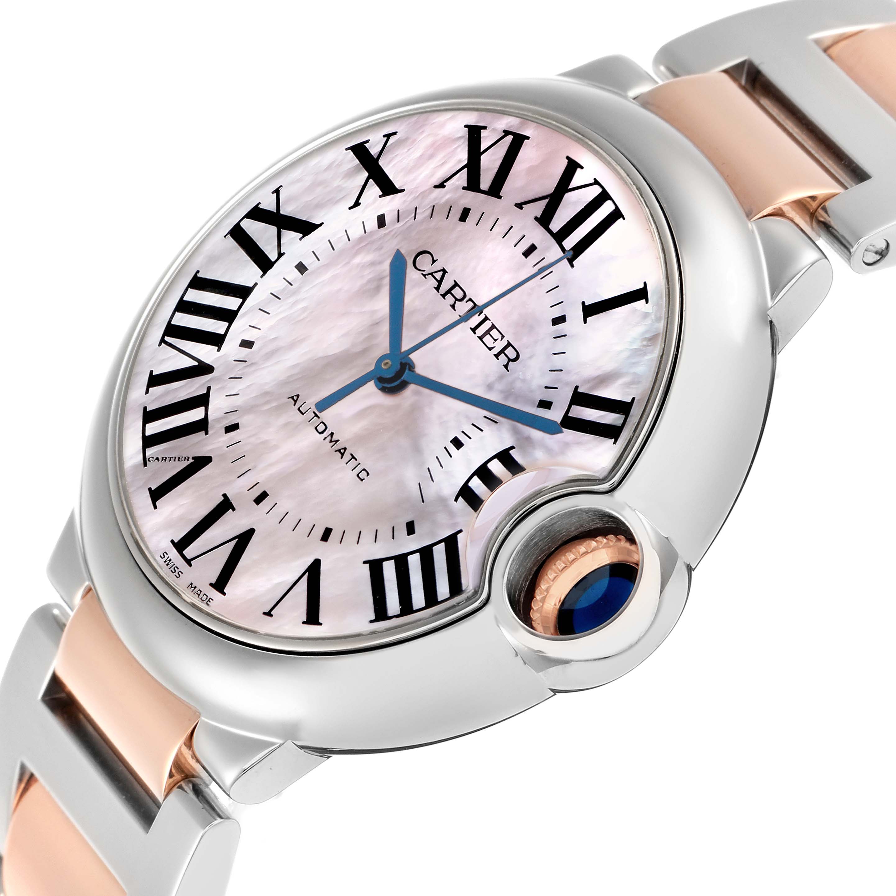 The Cartier Ballon Bleu W6920033 Women
s Stainless Steel Mother of Pearl Dial watch is shown at an angled view, highlighting the dial, Roman numerals, and crown with sapphire cabochon.