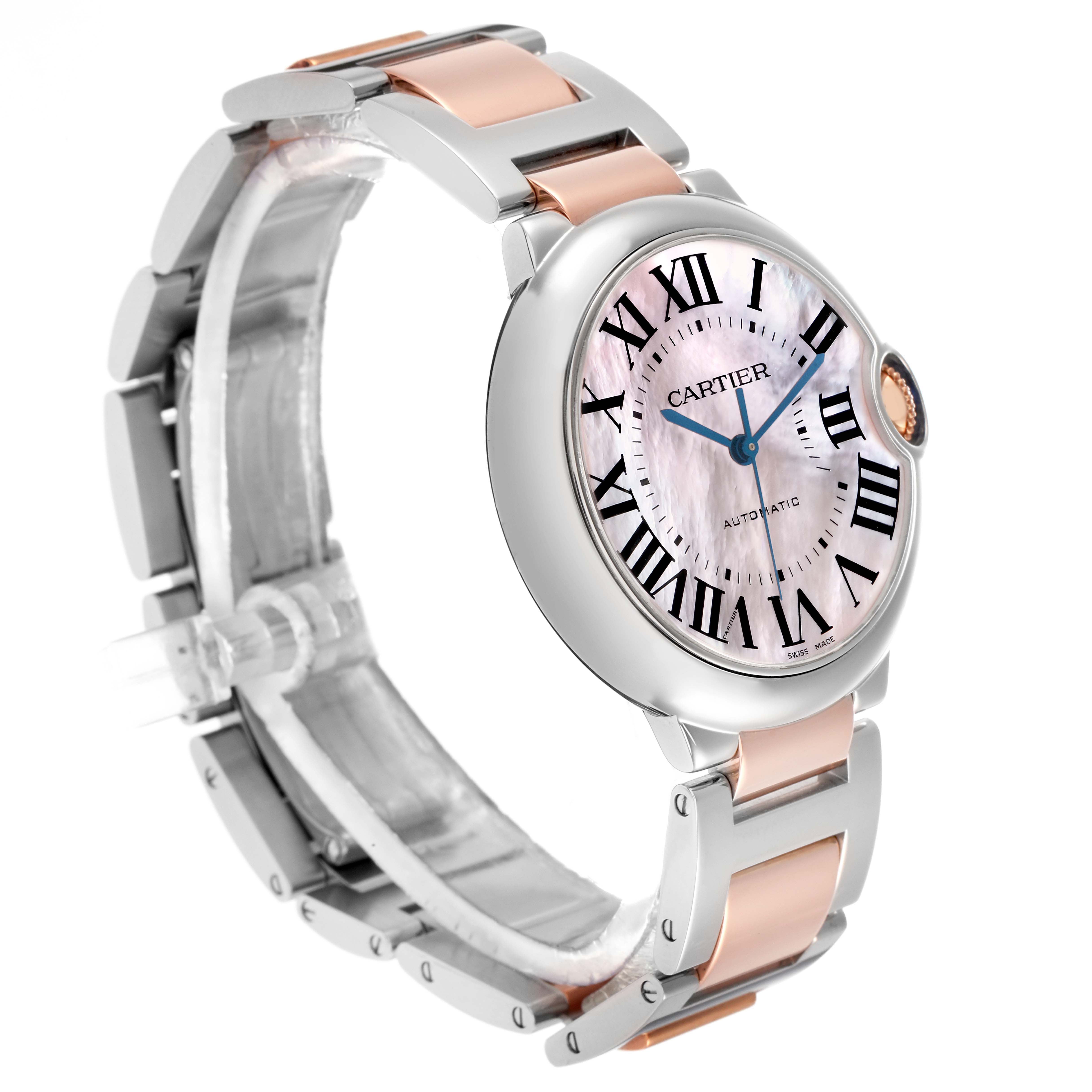 The Cartier Ballon Bleu W6920033 Women
s Stainless Steel Mother of Pearl Dial watch is shown from a side angle highlighting the face, bracelet, and crown detail.