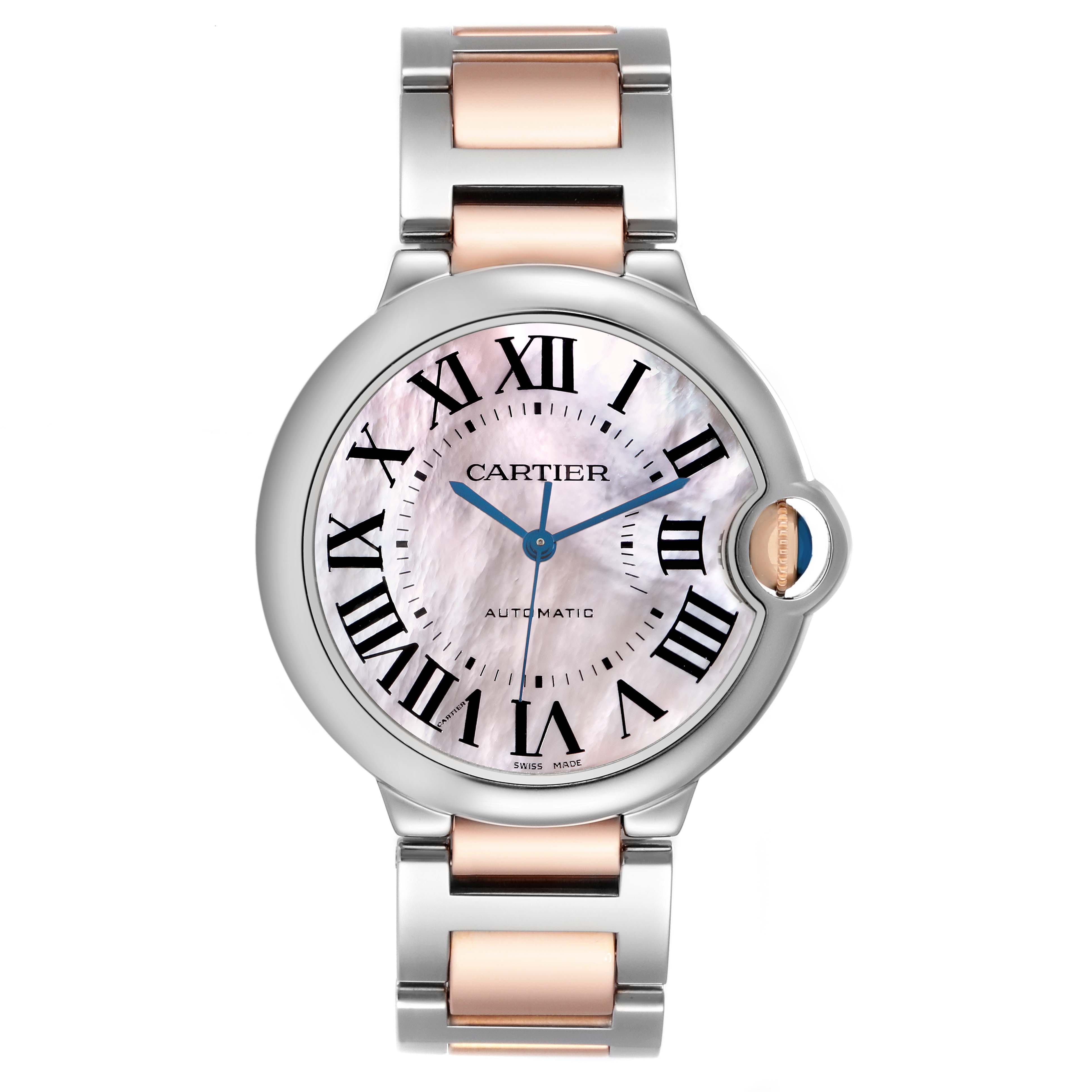 The Cartier Ballon Bleu W6920033 Women
s Stainless Steel Mother of Pearl Dial watch is shown from the front, highlighting its round case, Roman numerals, and two-tone bracelet.