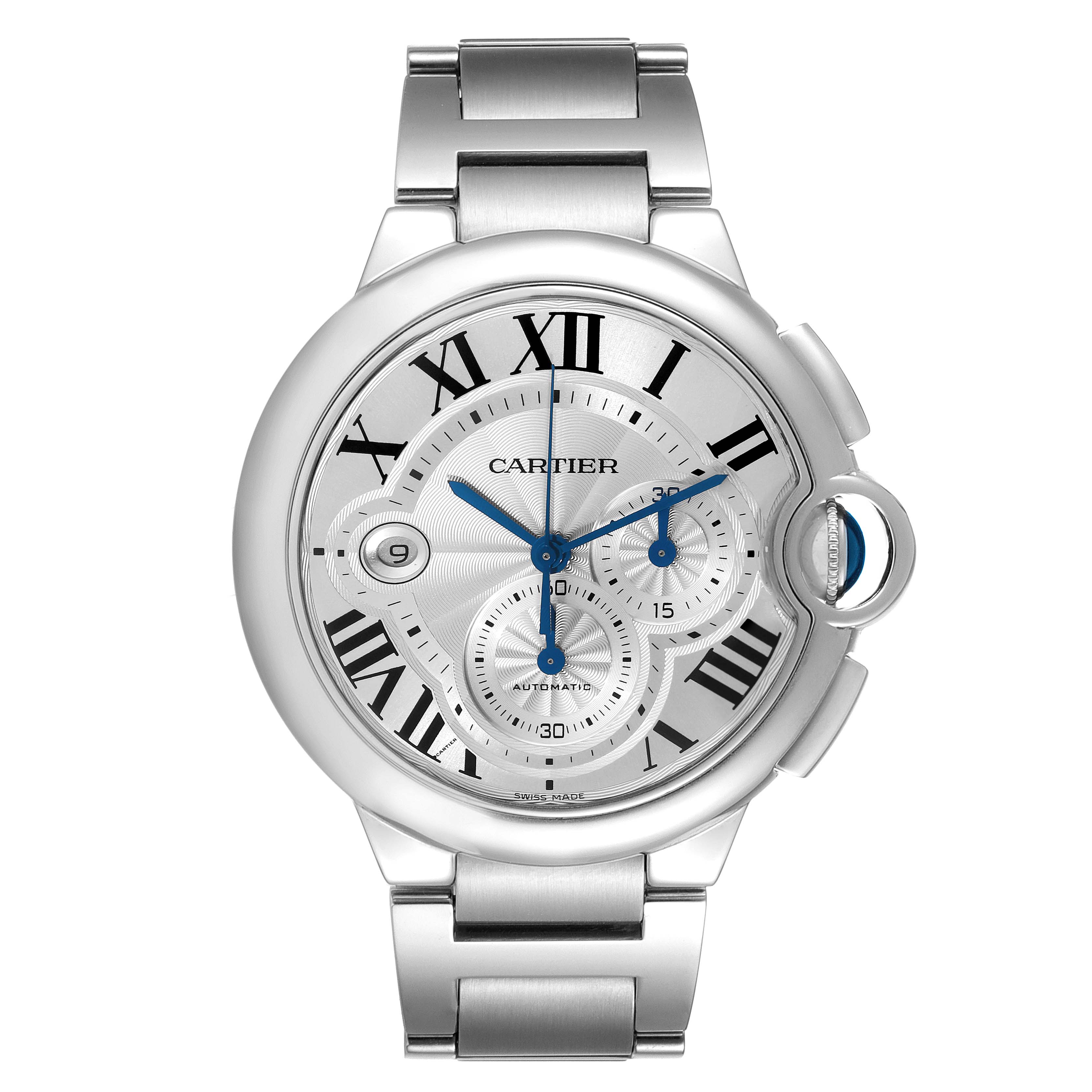 The image shows a Ballon Bleu model by Cartier from a front view, displaying the watch face and bracelet.