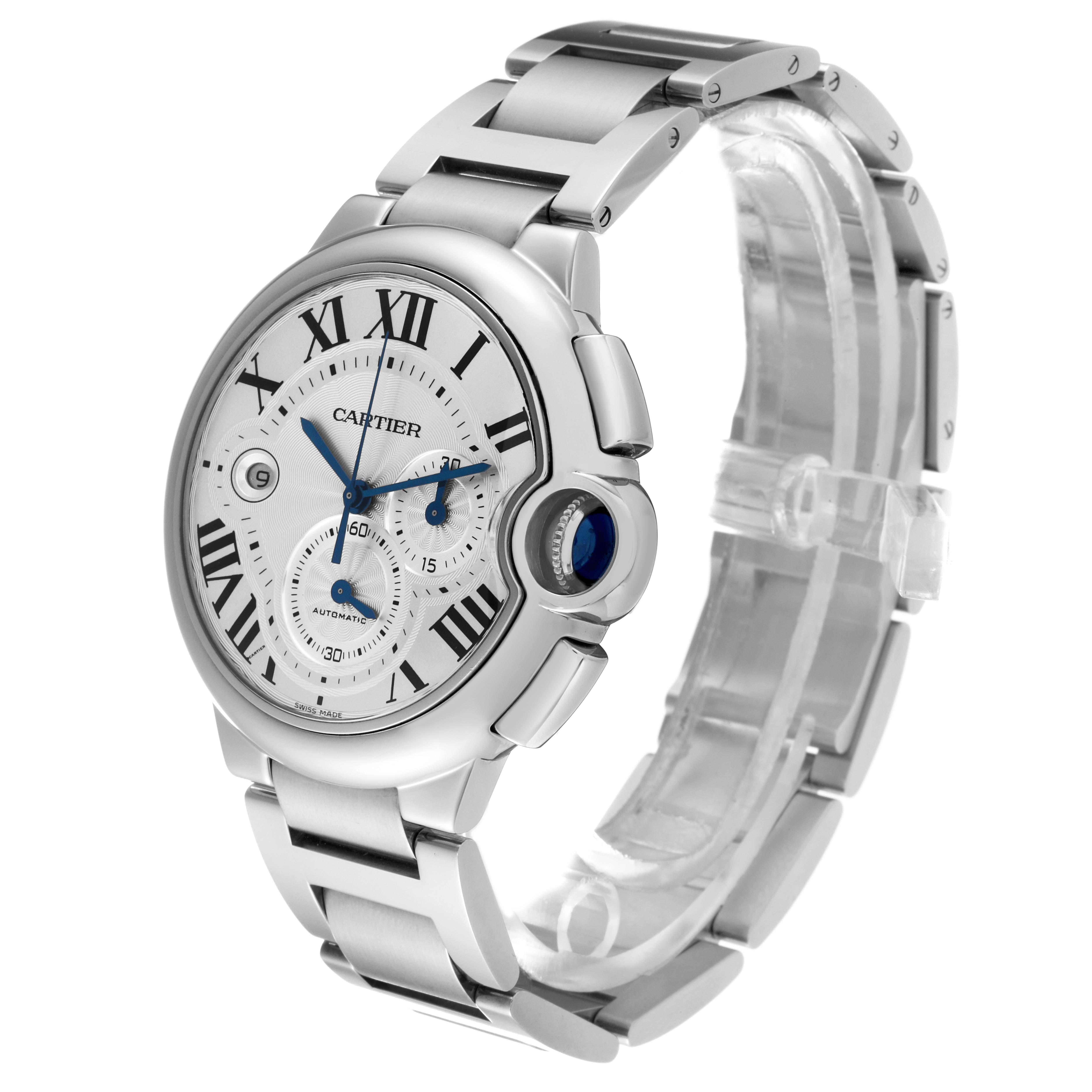 The image shows a Cartier Ballon Bleu 63810 Men's Stainless Steel Silver Dial 63810 Men's Stainless Steel Silver Dial watch, angled to display the face, crown, and metal bracelet.