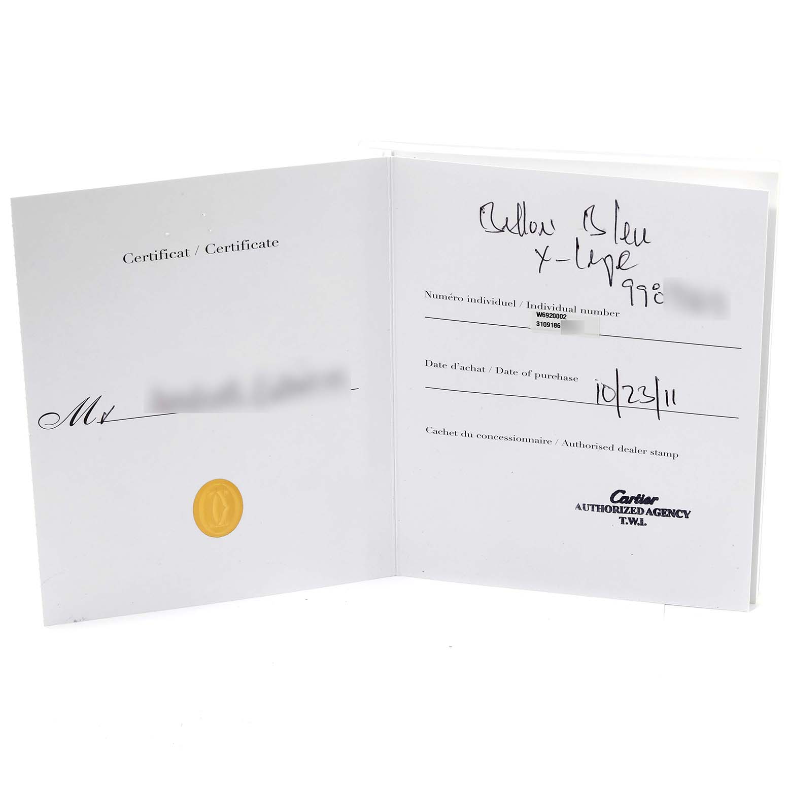 This image shows the open certificate for the Cartier Ballon Bleu 63810 Men's Stainless Steel Silver Dial 63810 Men's Stainless Steel Silver Dial model watch, detailing purchase date and dealer authorization.