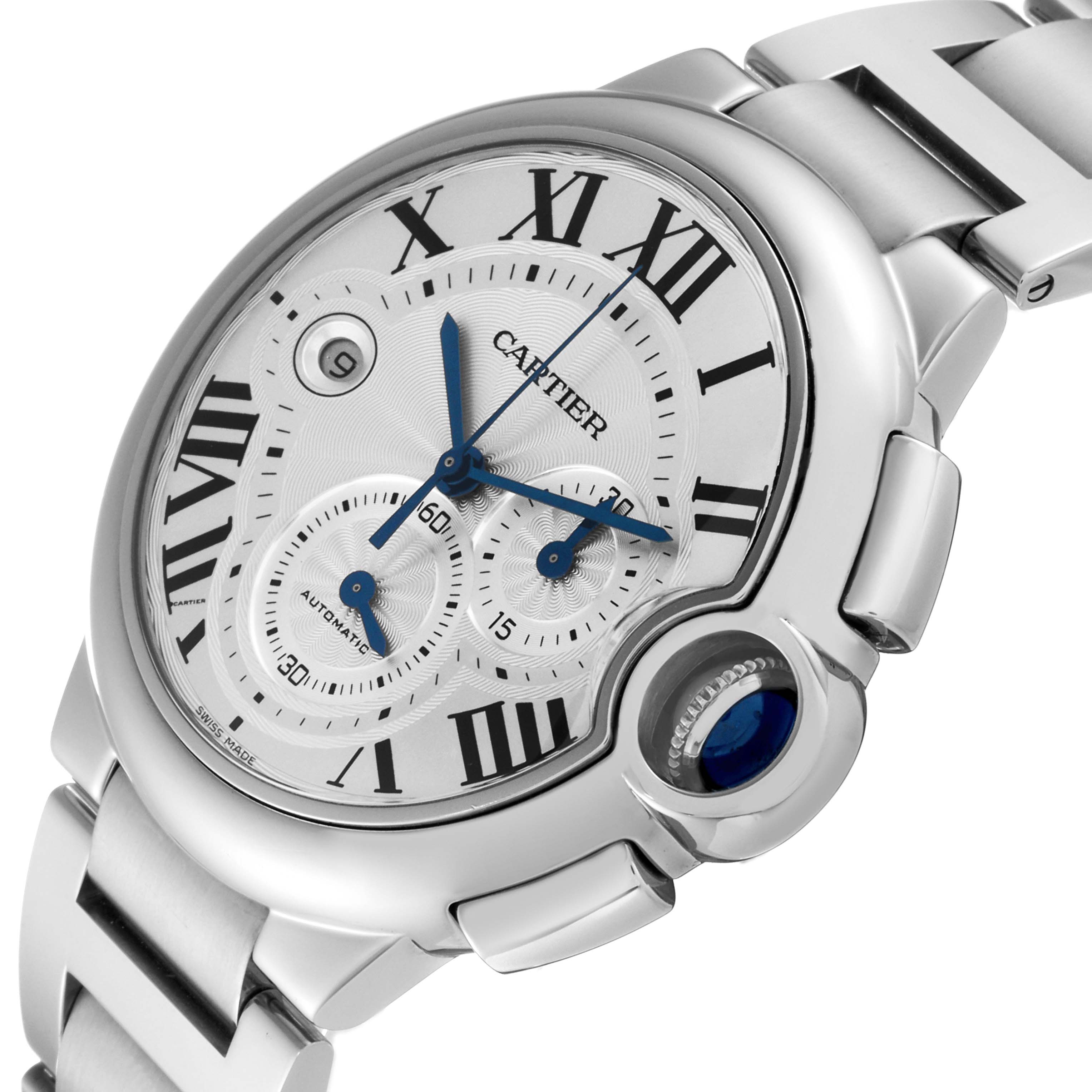 The image shows a close-up of the Cartier Ballon Bleu 63810 Men's Stainless Steel Silver Dial 63810 Men's Stainless Steel Silver Dial watch, highlighting the dial, Roman numerals, subdials, and metallic bracelet.