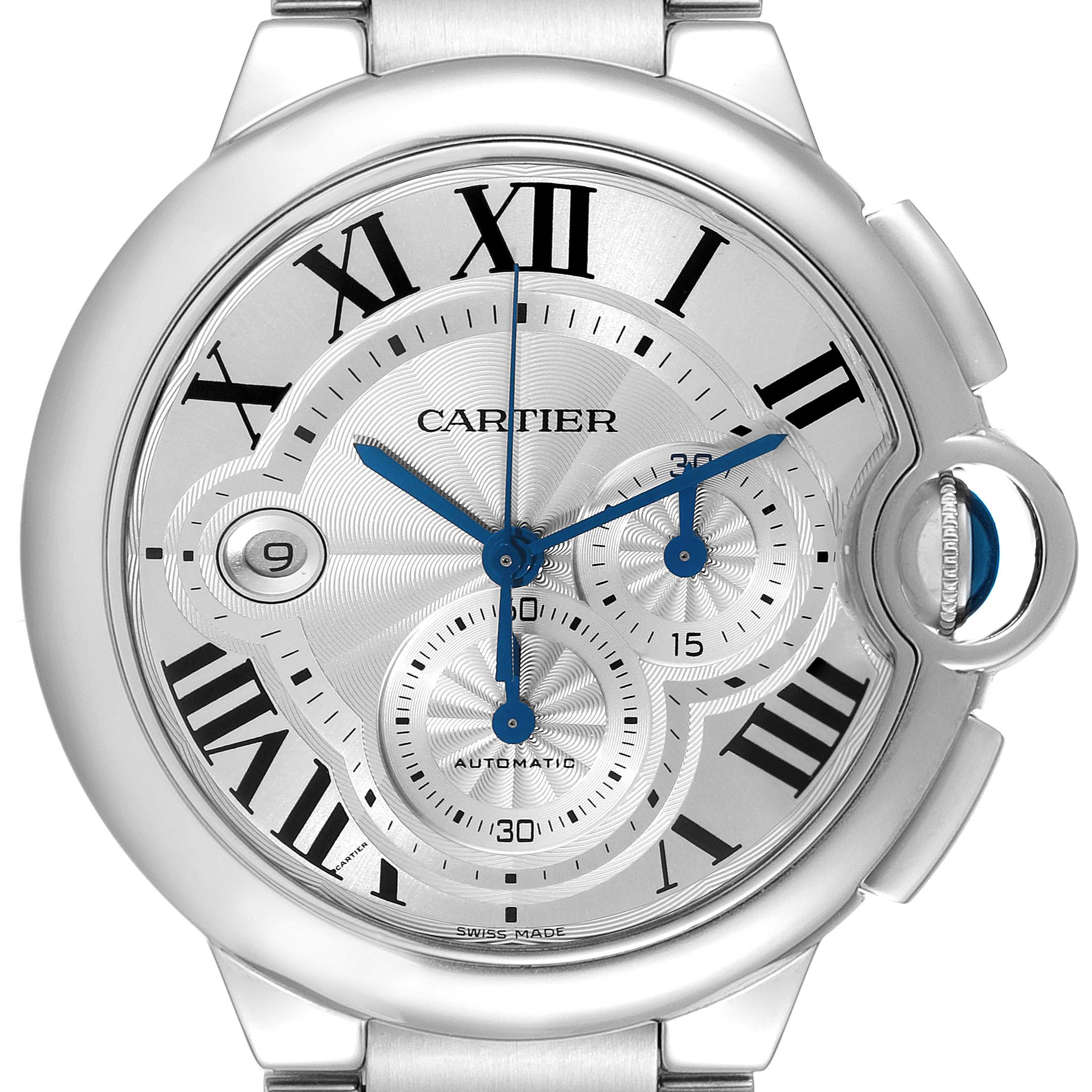 The image shows a close-up front view of the Cartier Ballon Bleu 63810 Men's Stainless Steel Silver Dial 63810 Men's Stainless Steel Silver Dial watch, highlighting its face, hands, and crown.