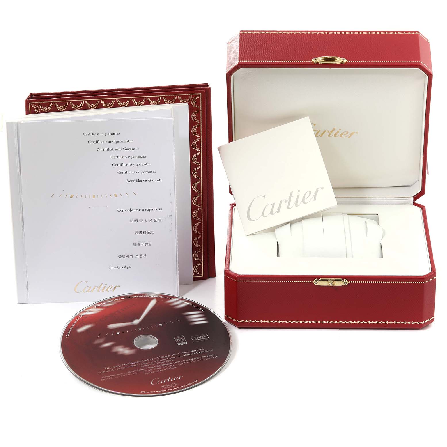 This image shows the packaging, documents, and DVD for a Cartier Ballon Bleu 63810 Men's Stainless Steel Silver Dial 63810 Men's Stainless Steel Silver Dial watch, including its box and certificates.