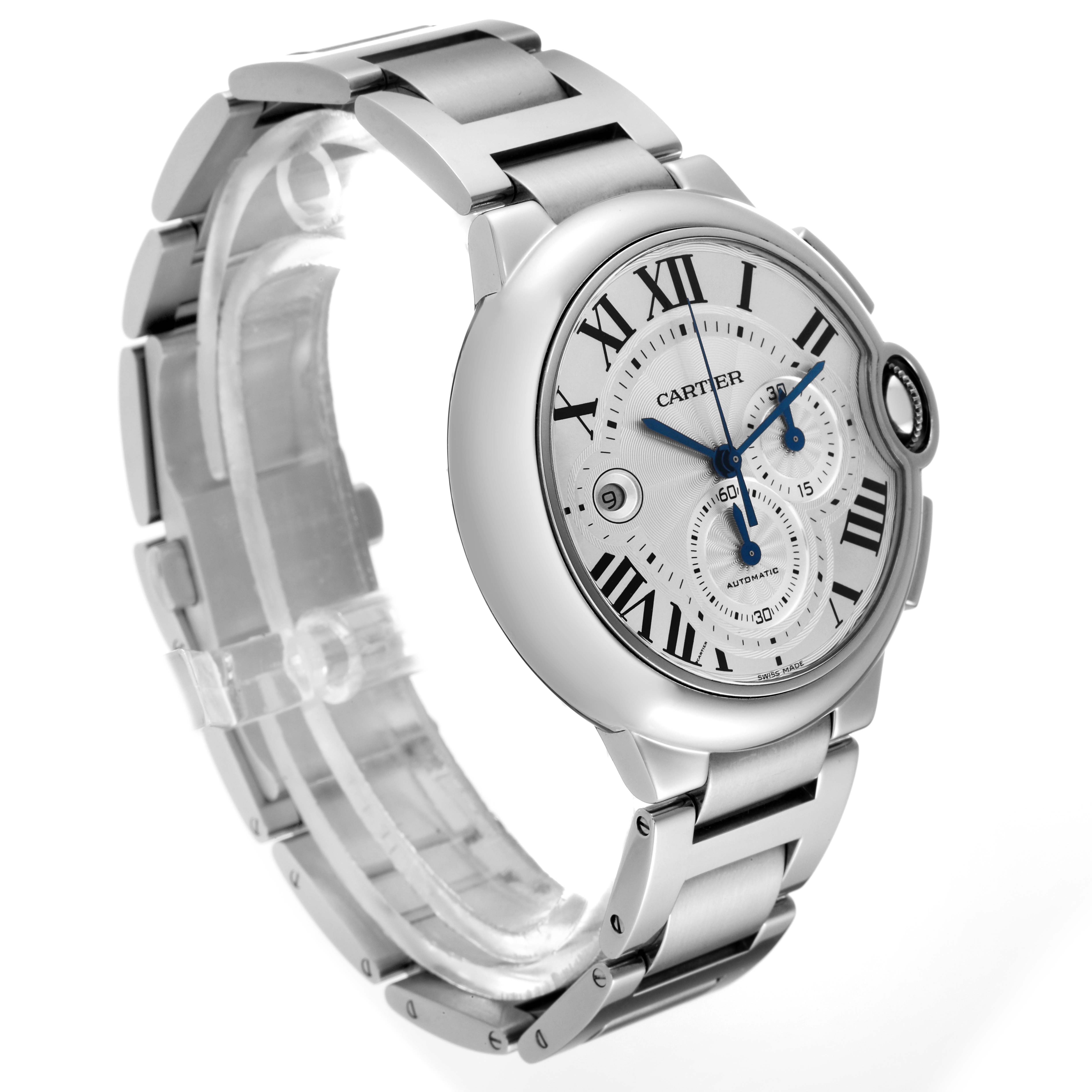 This image shows a side angle of the Ballon Bleu watch by Cartier, highlighting its dial, bracelet, and crown.