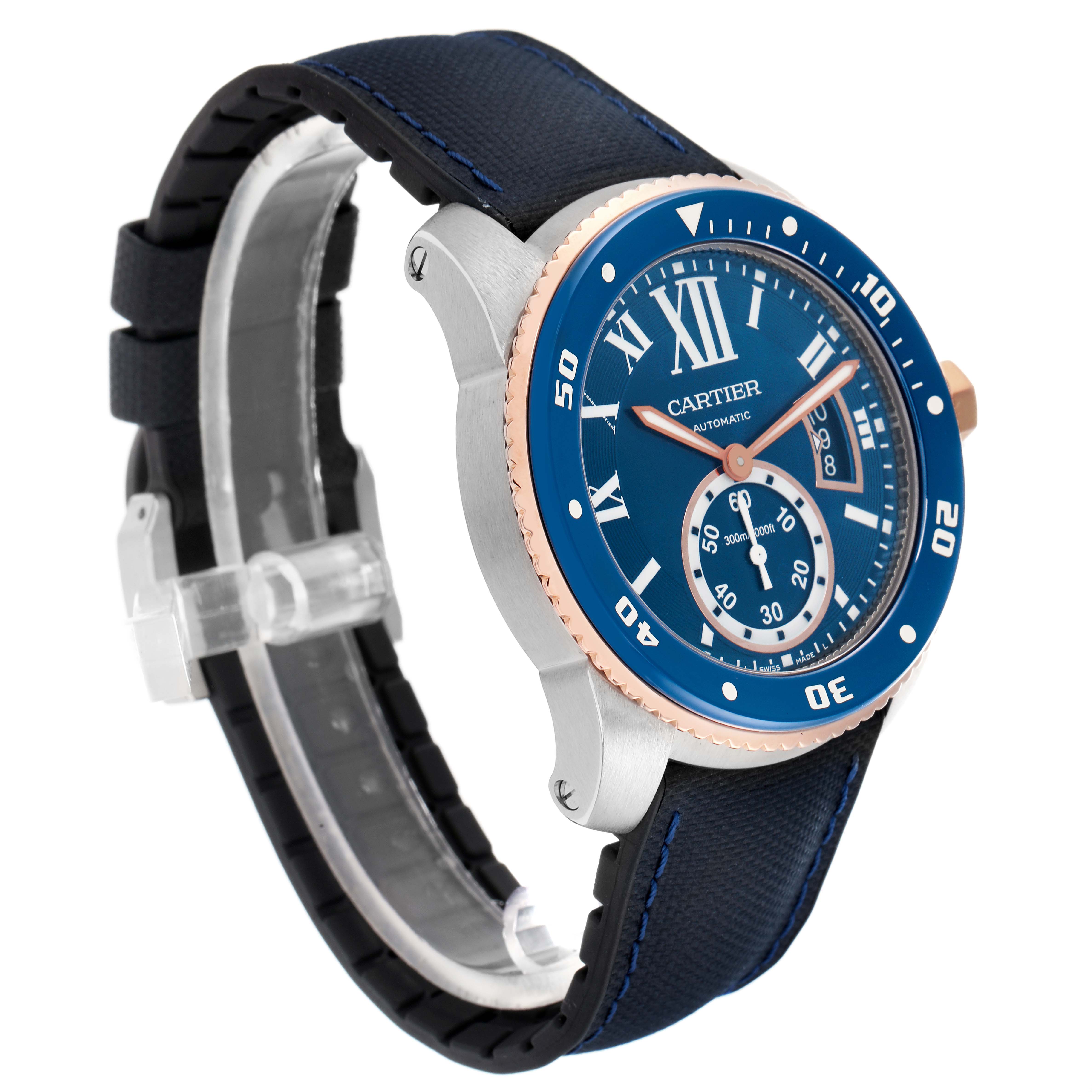 The Cartier Calibre de Cartier W2CA0008 Men
s Steel and Gold (two tone) Blue Dial watch is shown at an angled side view, displaying the face, bezel, strap, and crown.