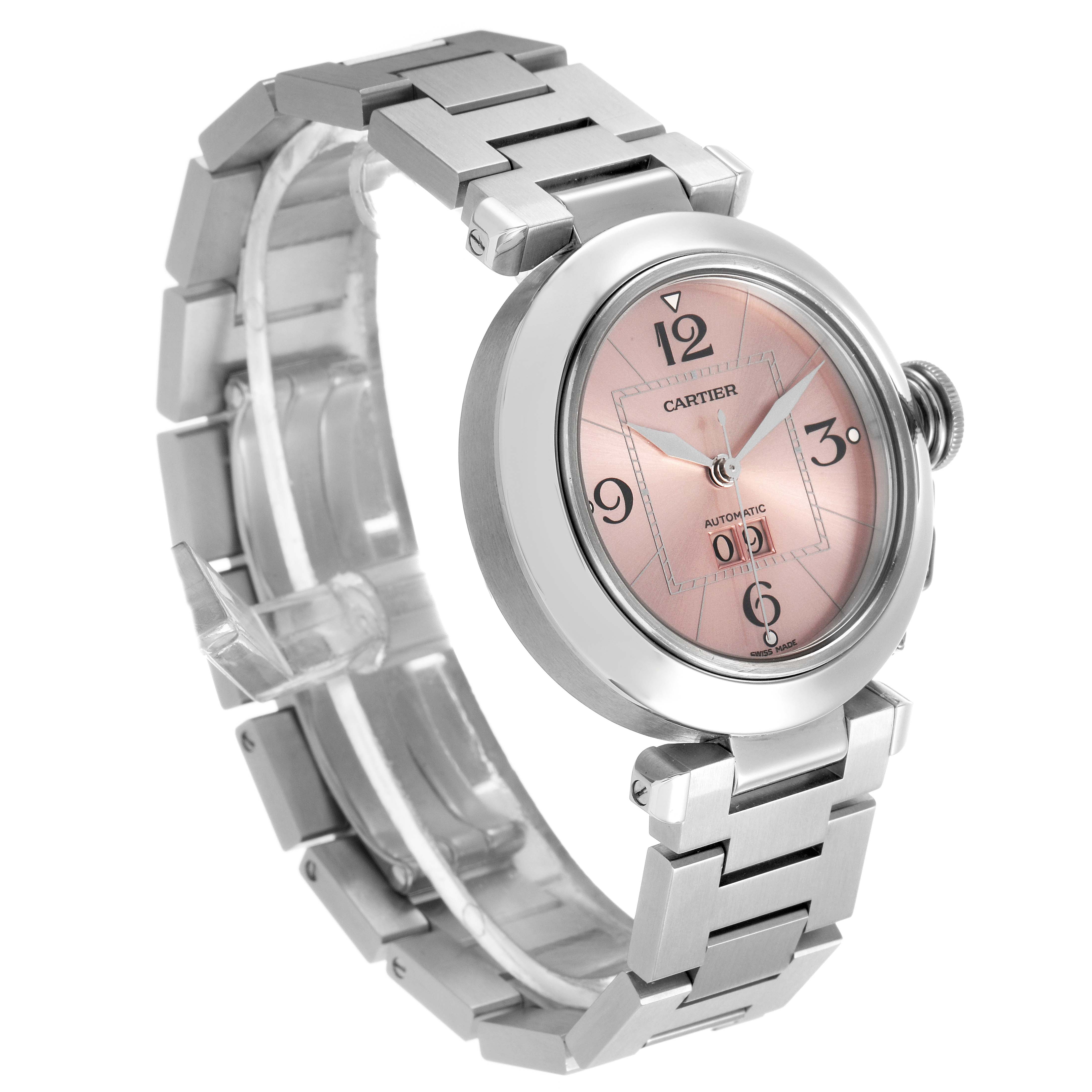 The Cartier Pasha W31058M7 Women's Stainless Steel Pink Dial watch is shown at a three-quarter angle, displaying the bracelet and pink dial.