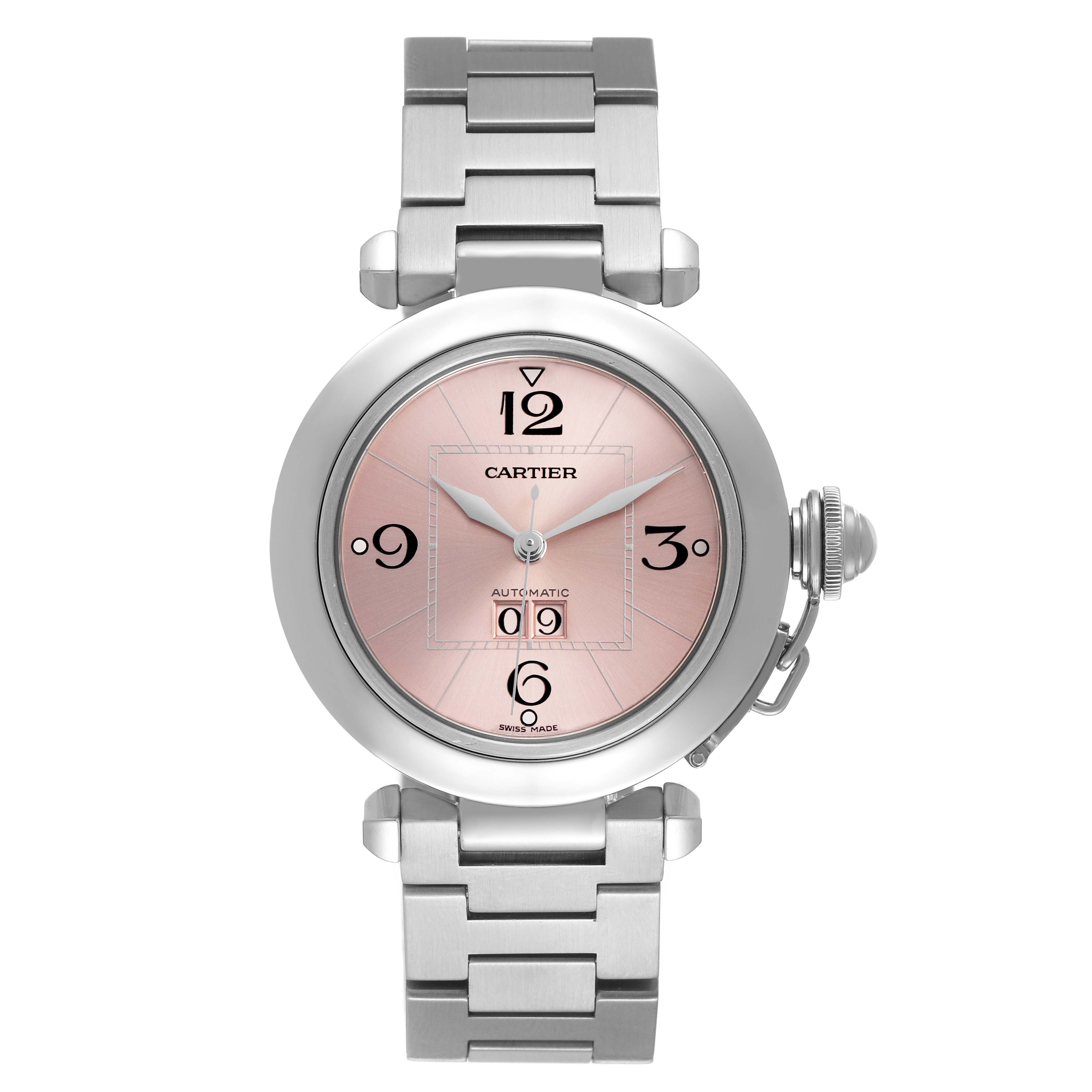 The Cartier Pasha W31058M7 Women's Stainless Steel Pink Dial watch is shown from a top-down angle, highlighting its face, bezel, bracelet, and crown.
