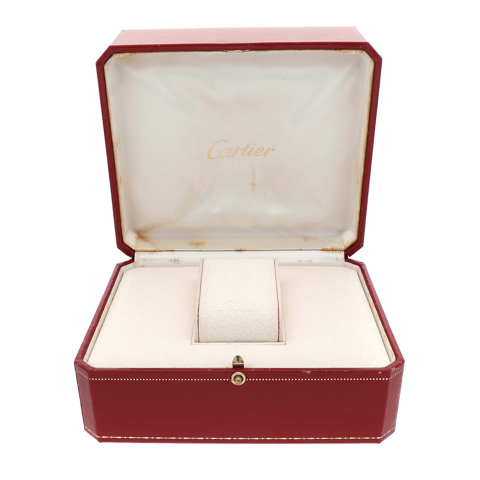 The image shows an open Cartier watch box for the Pasha model, featuring a red exterior and a light interior.