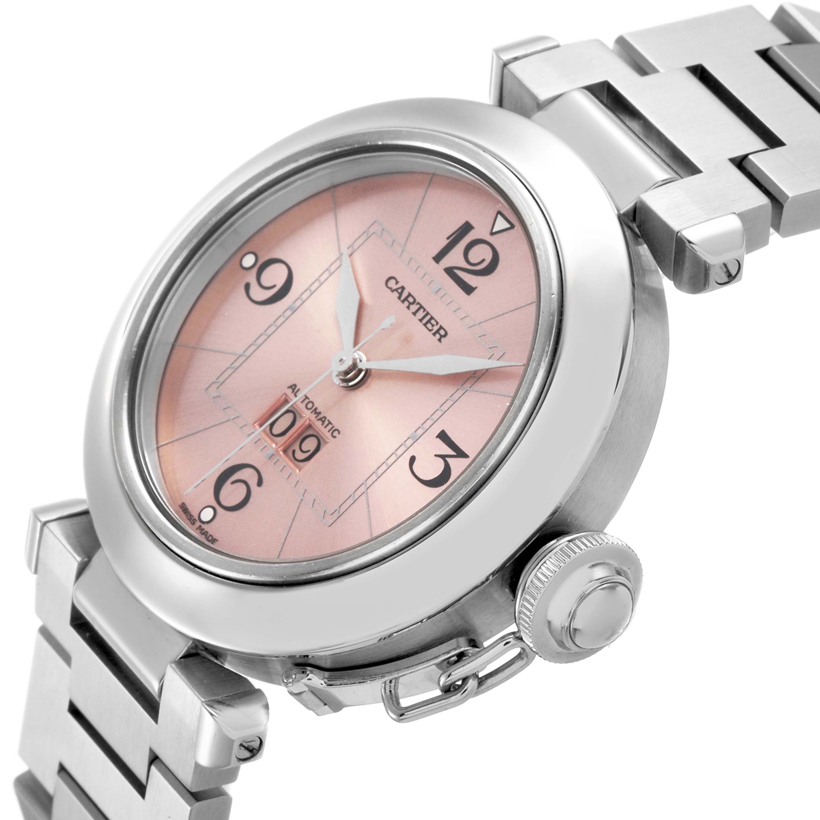 The Cartier Pasha W31058M7 Women's Stainless Steel Pink Dial watch is shown at a slight side angle, highlighting its pink dial, crown, and metal bracelet.